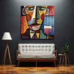 Kübist Rüyalar: Canlı Renklerle Modern Yüz ve Şarap Cam Tablo Duvar Dekoru cam tablo, duvar sanatı, modern dekorasyon, soyut sanat, cam sanat eserleri, iç mekan dekorasyonu, ofis dekorasyonu, ev dekorasyonu, restoran dekorasyonu, cafe dekorasyonu, cam baskı, UV baskı, estetik duvar sanatı