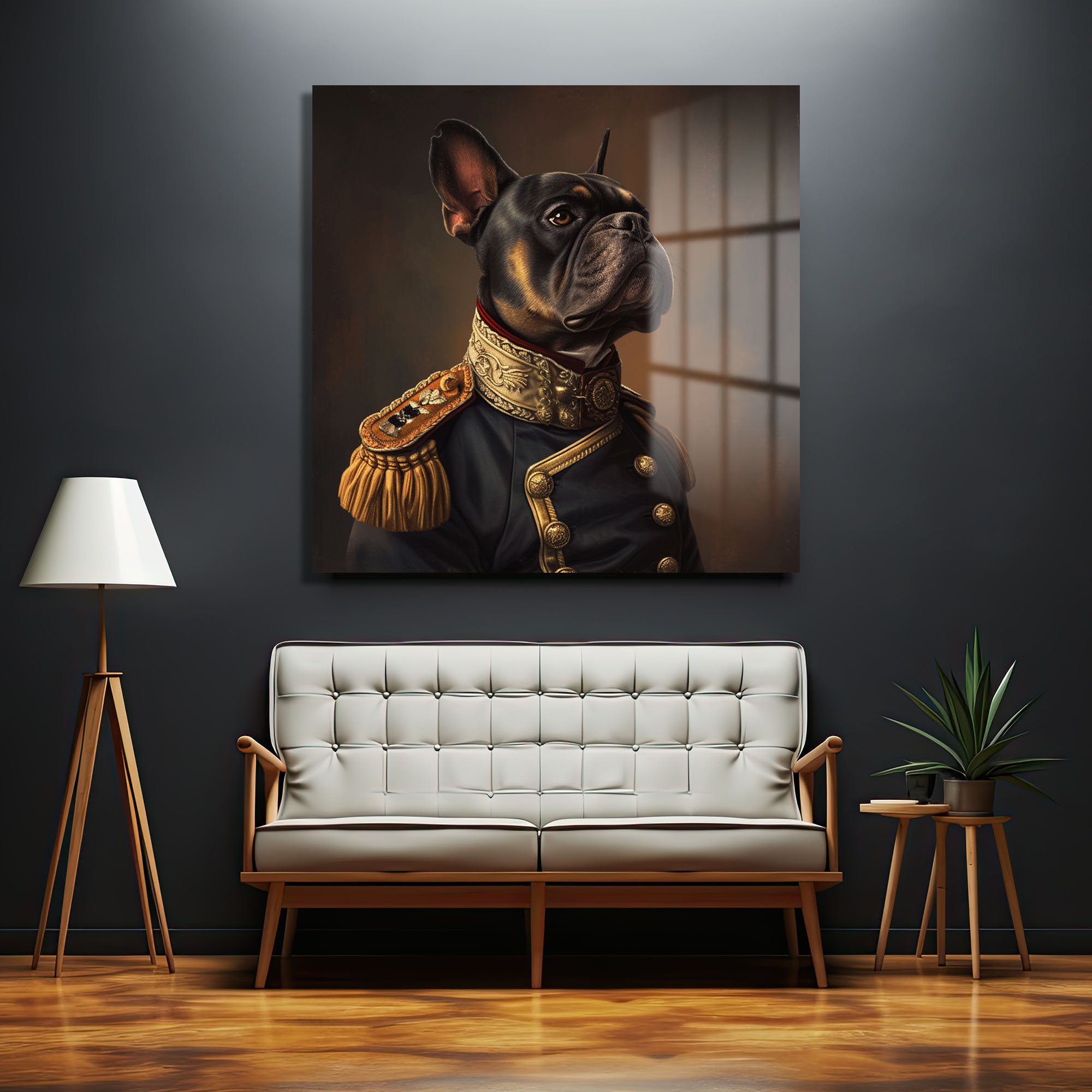 Fransız Bulldog General Portresi: Asil Duruşlu Dekoratif Cam Tablo Duvar Dekoru cam tablo, duvar sanatı, modern dekorasyon, soyut sanat, cam sanat eserleri, iç mekan dekorasyonu, ofis dekorasyonu, ev dekorasyonu, restoran dekorasyonu, cafe dekorasyonu, cam baskı, UV baskı, estetik duvar sanatı