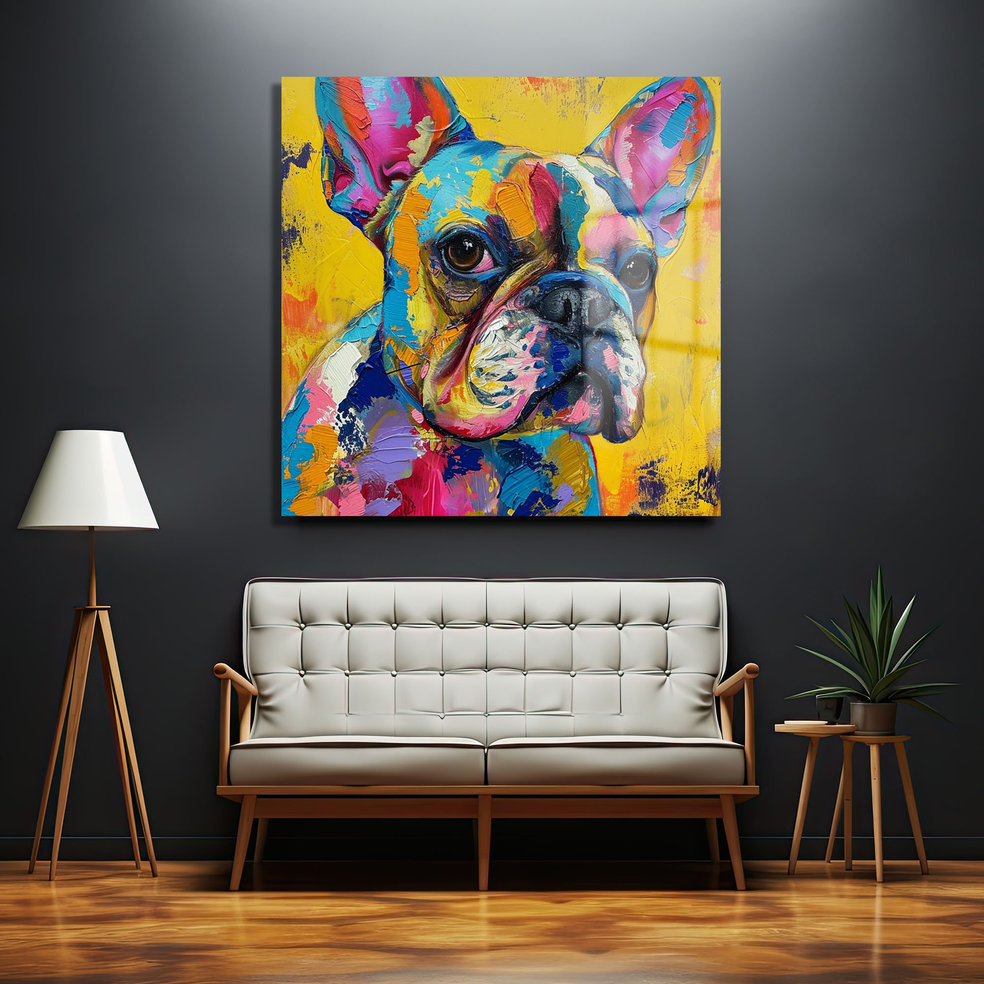 Renkli Fransız Bulldog: Modern Sanat Cam Tablo Duvar Dekoru cam tablo, duvar sanatı, modern dekorasyon, soyut sanat, cam sanat eserleri, iç mekan dekorasyonu, ofis dekorasyonu, ev dekorasyonu, restoran dekorasyonu, cafe dekorasyonu, cam baskı, UV baskı, estetik duvar sanatı