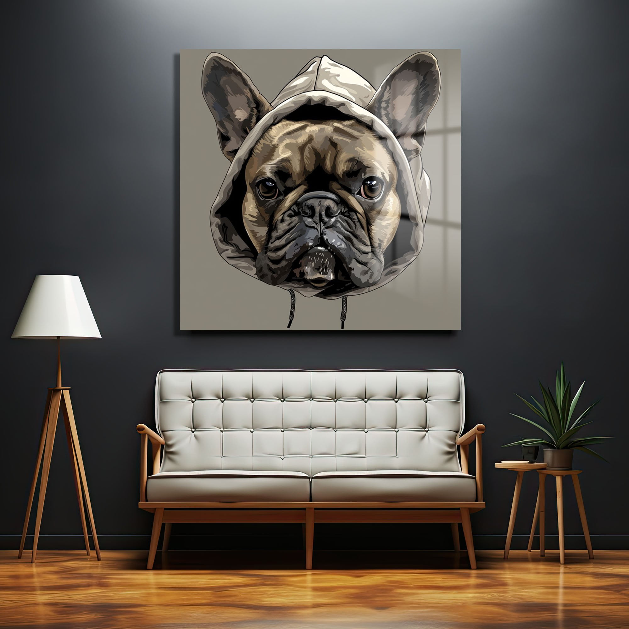 Kapüşonlu Fransız Bulldog: Sokak Stili Modern Cam Tablo Duvar Dekoru cam tablo, duvar sanatı, modern dekorasyon, soyut sanat, cam sanat eserleri, iç mekan dekorasyonu, ofis dekorasyonu, ev dekorasyonu, restoran dekorasyonu, cafe dekorasyonu, cam baskı, UV baskı, estetik duvar sanatı