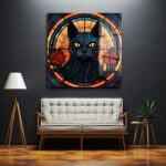 Gizemli Vitray Kara Kedi ve Kırmızı Güller Temperli Cam Tablo Duvar Dekoru cam tablo, duvar sanatı, modern dekorasyon, soyut sanat, cam sanat eserleri, iç mekan dekorasyonu, ofis dekorasyonu, ev dekorasyonu, restoran dekorasyonu, cafe dekorasyonu, cam baskı, UV baskı, estetik duvar sanatı