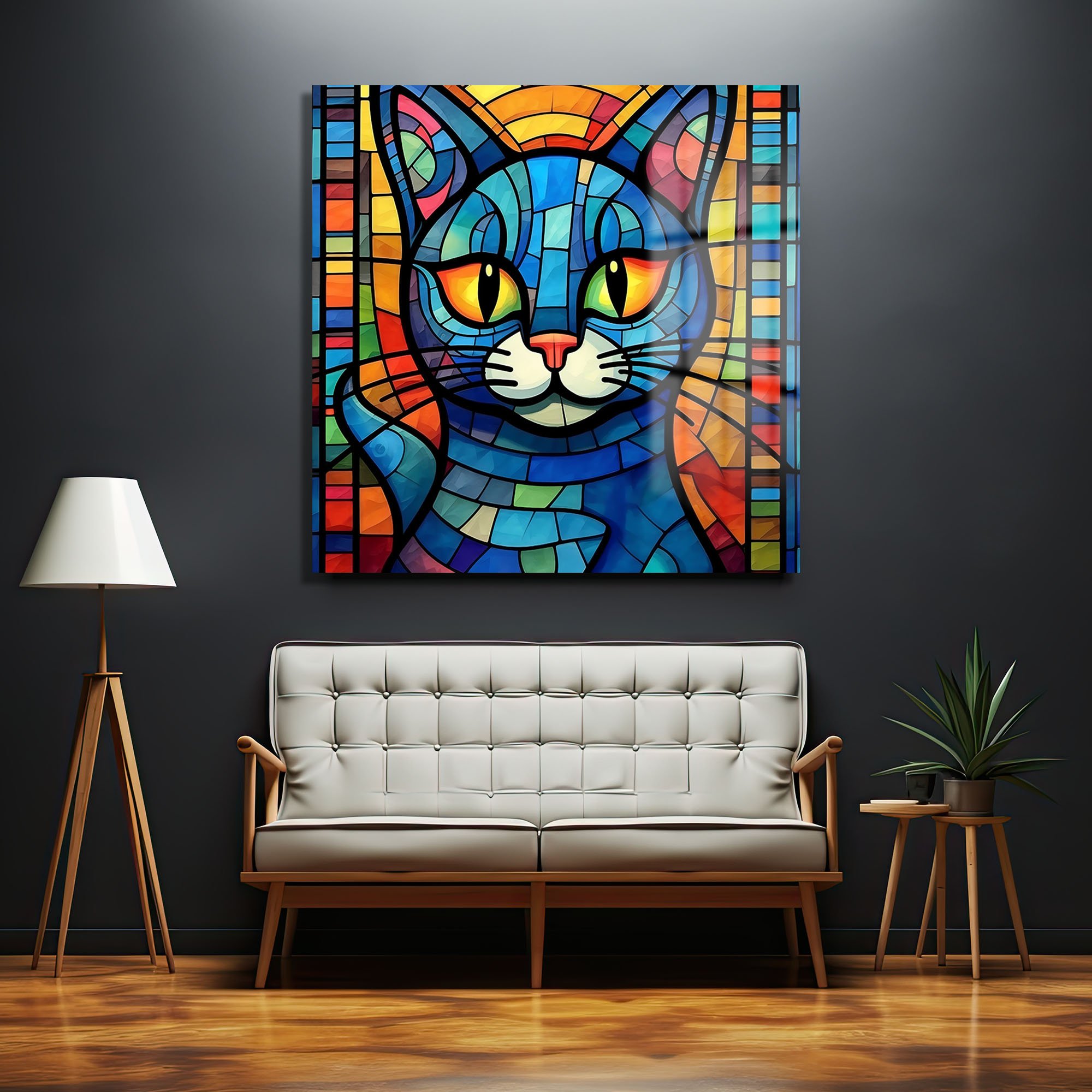 Renkli Vitray Kedi: Modern Sanat Temalı Dekoratif Cam Tablo Duvar Dekoru cam tablo, duvar sanatı, modern dekorasyon, soyut sanat, cam sanat eserleri, iç mekan dekorasyonu, ofis dekorasyonu, ev dekorasyonu, restoran dekorasyonu, cafe dekorasyonu, cam baskı, UV baskı, estetik duvar sanatı