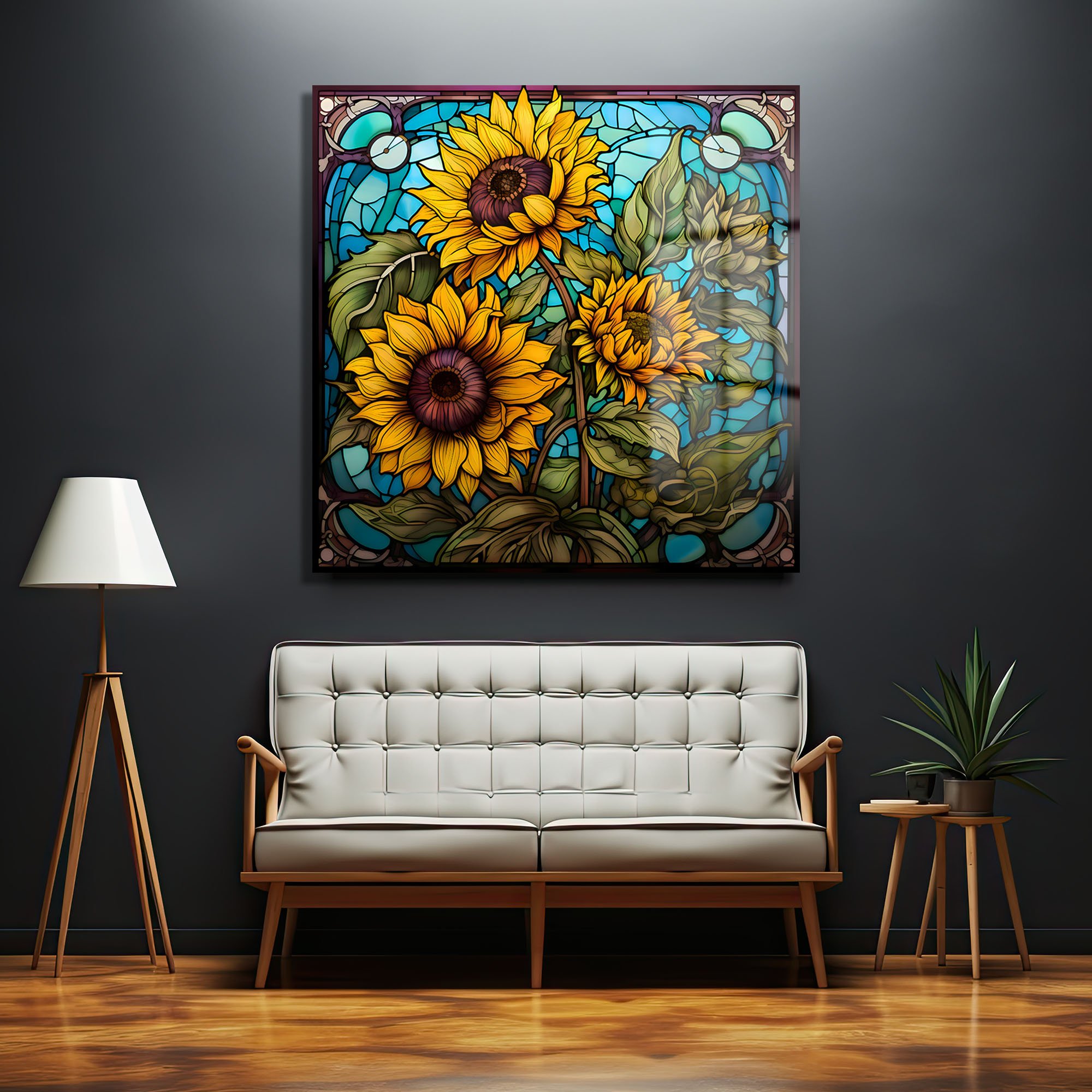 Ayçiçeği Işıltısı: Vitray Sanatlı Temperli Cam Tablo Duvar Dekoru cam tablo, duvar sanatı, modern dekorasyon, soyut sanat, cam sanat eserleri, iç mekan dekorasyonu, ofis dekorasyonu, ev dekorasyonu, restoran dekorasyonu, cafe dekorasyonu, cam baskı, UV baskı, estetik duvar sanatı