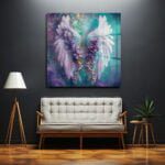 Ethereal Kanatlar ve Mor Çiçekler: Sanatsal Temperli Cam Tablo Duvar Dekoru cam tablo, duvar sanatı, modern dekorasyon, soyut sanat, cam sanat eserleri, iç mekan dekorasyonu, ofis dekorasyonu, ev dekorasyonu, restoran dekorasyonu, cafe dekorasyonu, cam baskı, UV baskı, estetik duvar sanatı