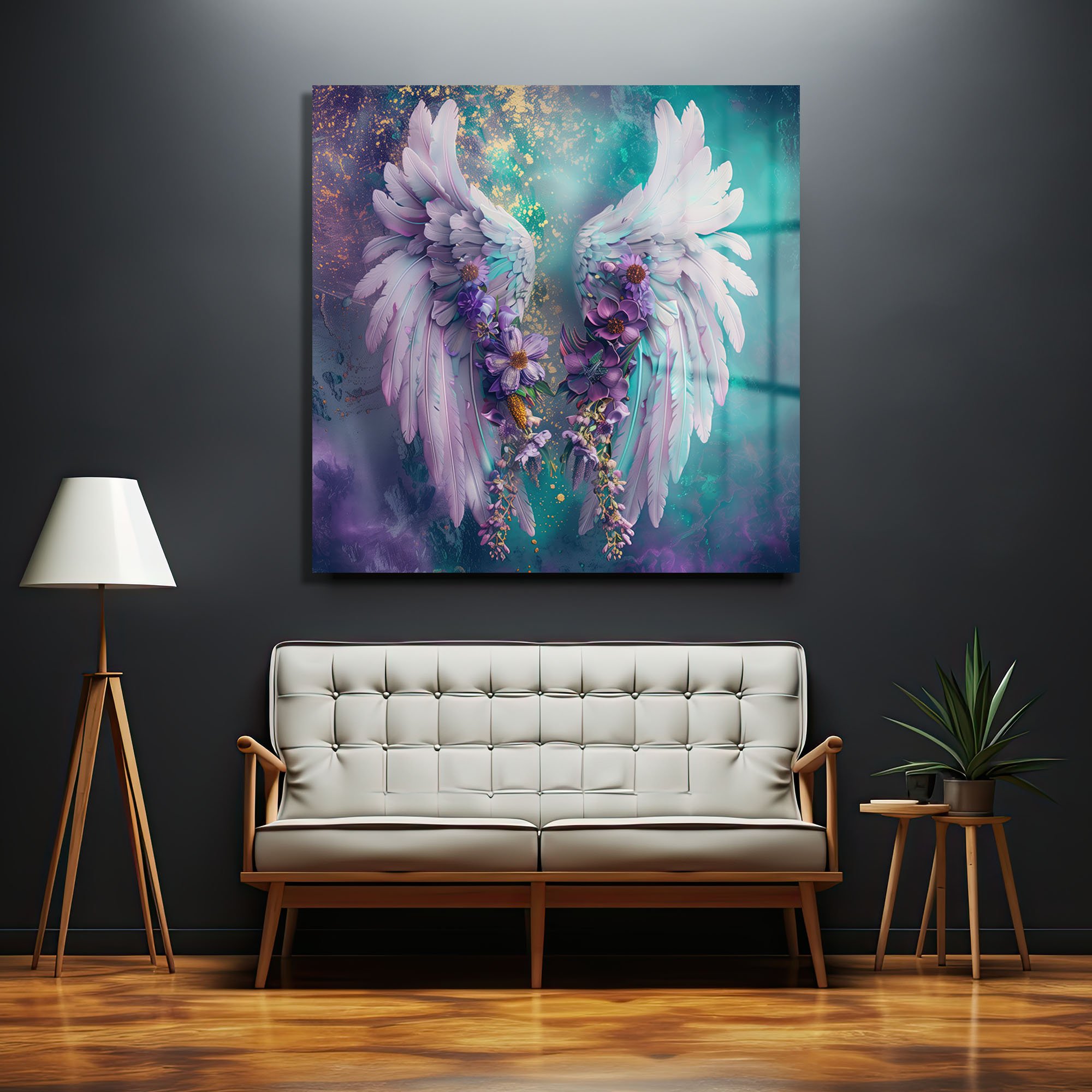 Ethereal Kanatlar ve Mor Çiçekler: Sanatsal Temperli Cam Tablo Duvar Dekoru cam tablo, duvar sanatı, modern dekorasyon, soyut sanat, cam sanat eserleri, iç mekan dekorasyonu, ofis dekorasyonu, ev dekorasyonu, restoran dekorasyonu, cafe dekorasyonu, cam baskı, UV baskı, estetik duvar sanatı