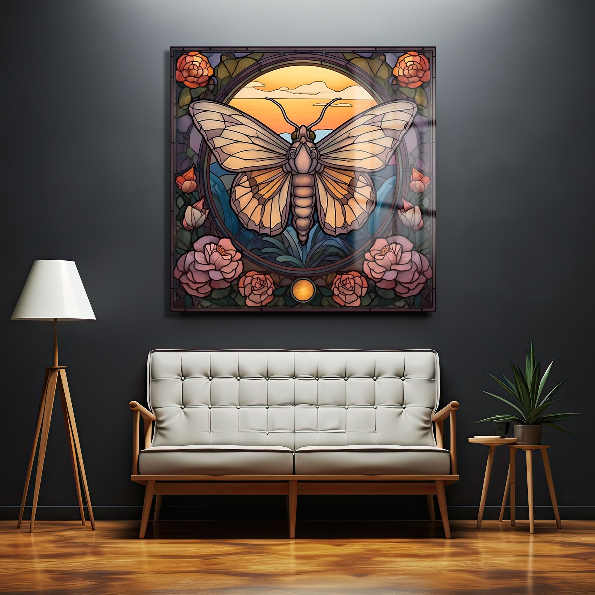 Gün Batımı Kelebeği: Vitray Sanatı Temperli Cam Tablo Duvar Dekoru cam tablo, duvar sanatı, modern dekorasyon, soyut sanat, cam sanat eserleri, iç mekan dekorasyonu, ofis dekorasyonu, ev dekorasyonu, restoran dekorasyonu, cafe dekorasyonu, cam baskı, UV baskı, estetik duvar sanatı