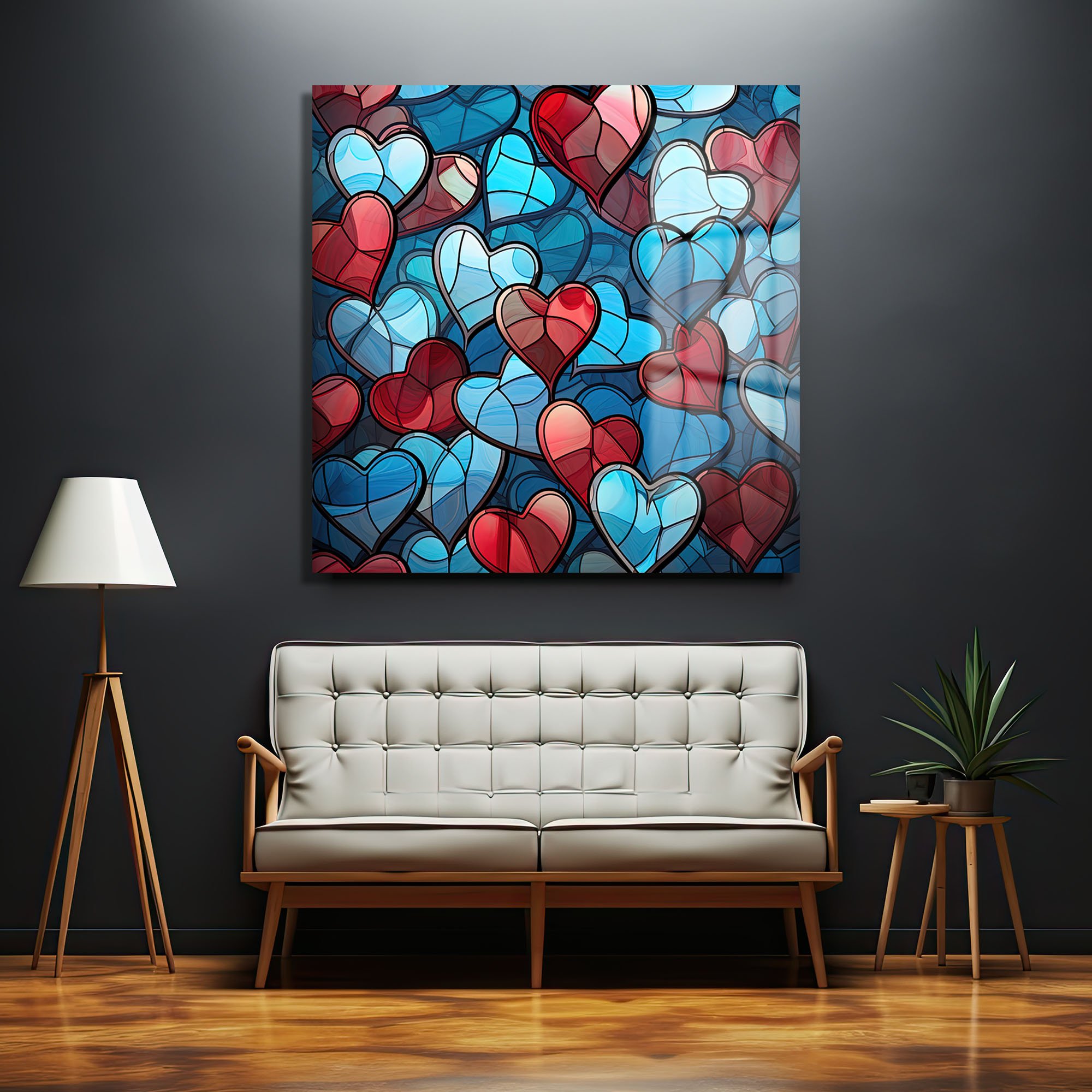 Aşkın Vitray Dansı: Kırmızı ve Mavi Kalpler Temalı Modern Cam Tablo Duvar Dekoru cam tablo, duvar sanatı, modern dekorasyon, soyut sanat, cam sanat eserleri, iç mekan dekorasyonu, ofis dekorasyonu, ev dekorasyonu, restoran dekorasyonu, cafe dekorasyonu, cam baskı, UV baskı, estetik duvar sanatı