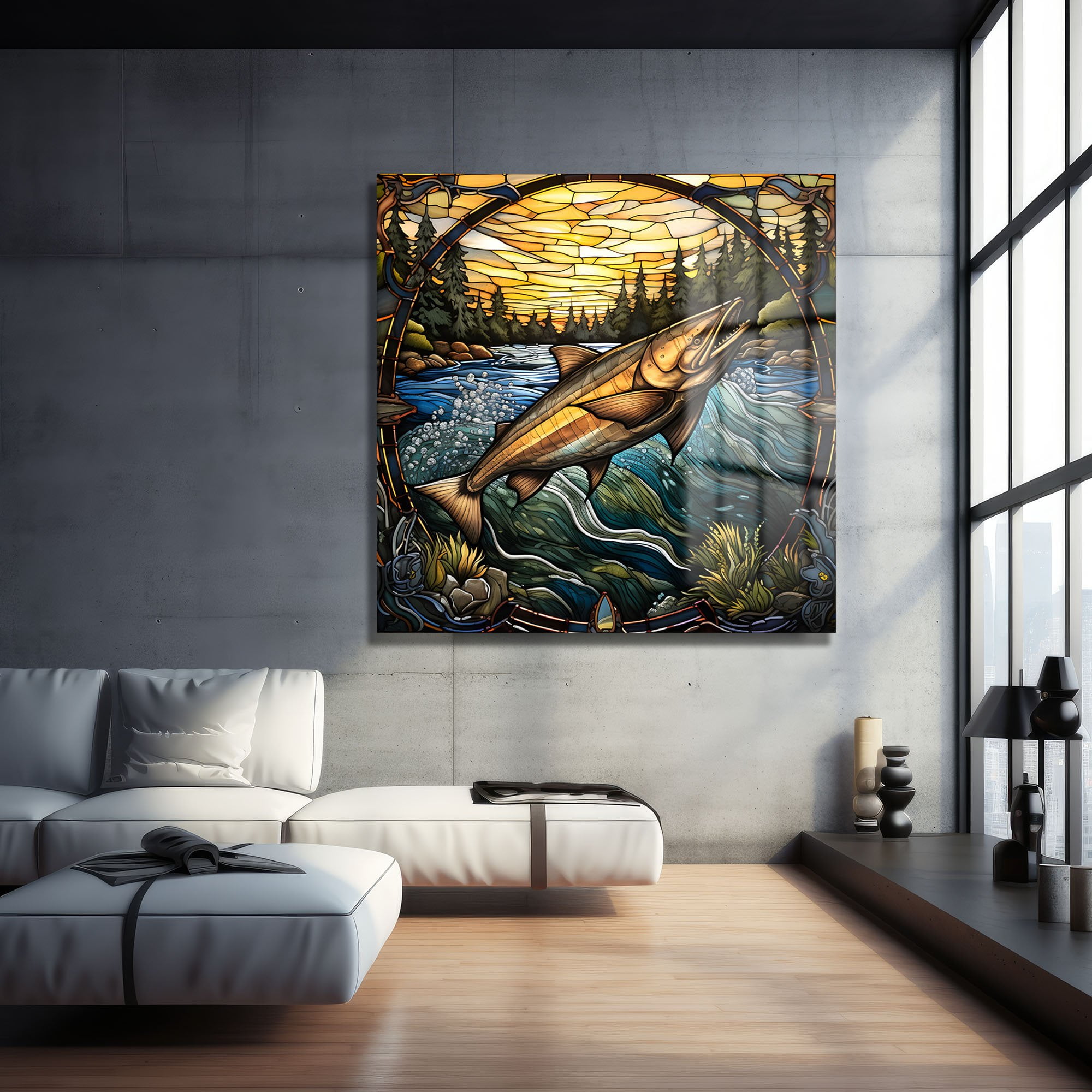 Nehrin Dansı: Stained Glass Somon Balığı Cam Tablo Duvar Dekoru cam tablo, duvar sanatı, modern dekorasyon, soyut sanat, cam sanat eserleri, iç mekan dekorasyonu, ofis dekorasyonu, ev dekorasyonu, restoran dekorasyonu, cafe dekorasyonu, cam baskı, UV baskı, estetik duvar sanatı