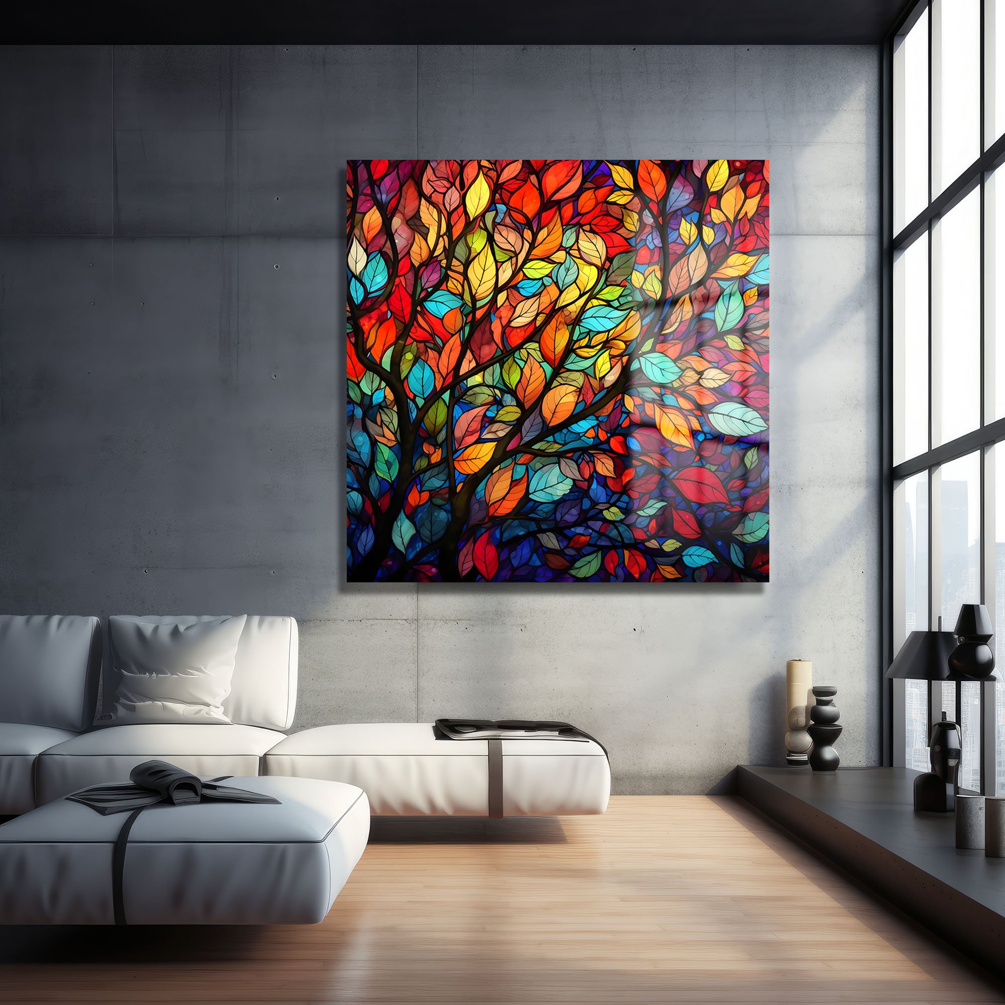 Vitray Yapraklar: Renkli Ağaç Temalı Modern Temperli Cam Tablo Duvar Dekoru cam tablo, duvar sanatı, modern dekorasyon, soyut sanat, cam sanat eserleri, iç mekan dekorasyonu, ofis dekorasyonu, ev dekorasyonu, restoran dekorasyonu, cafe dekorasyonu, cam baskı, UV baskı, estetik duvar sanatı