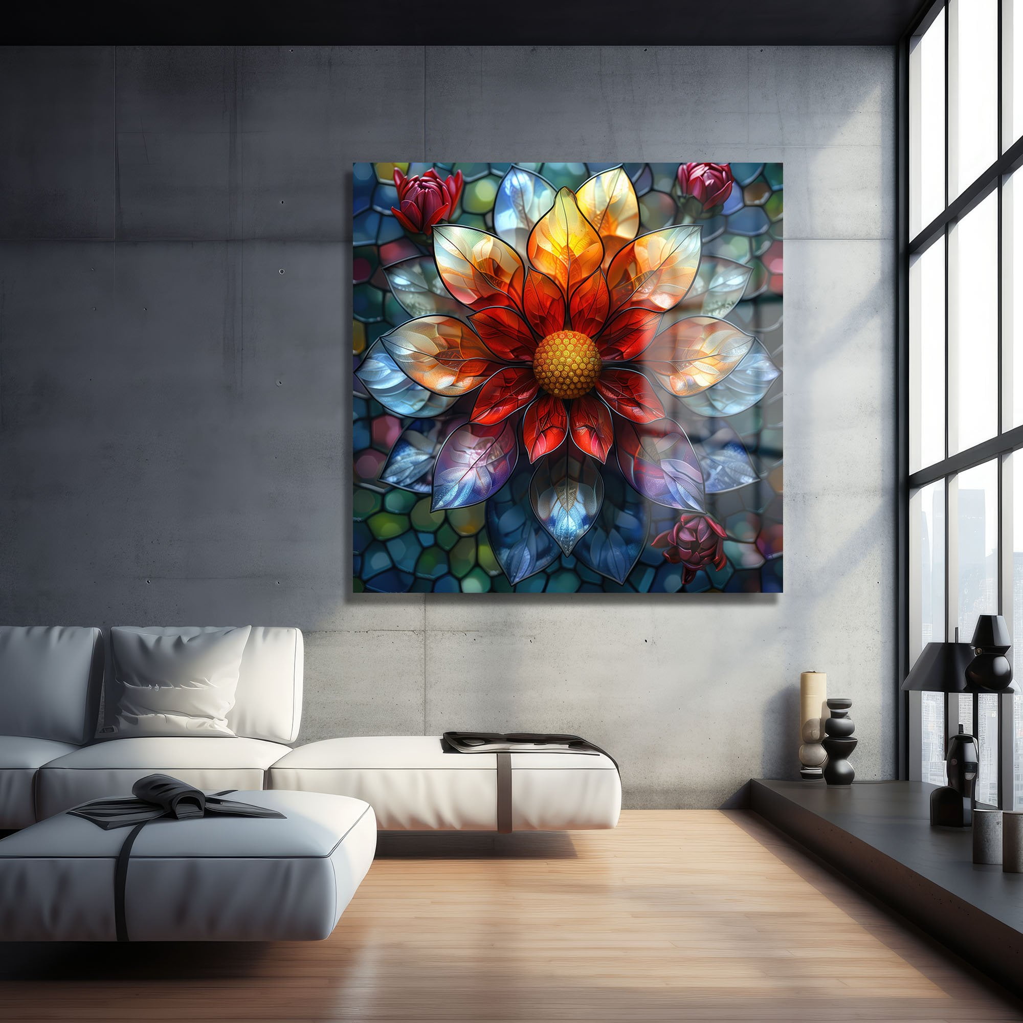 Vitray Çiçeklerin Rüyası: Modern Temperli Cam Tablo Duvar Dekoru cam tablo, duvar sanatı, modern dekorasyon, soyut sanat, cam sanat eserleri, iç mekan dekorasyonu, ofis dekorasyonu, ev dekorasyonu, restoran dekorasyonu, cafe dekorasyonu, cam baskı, UV baskı, estetik duvar sanatı