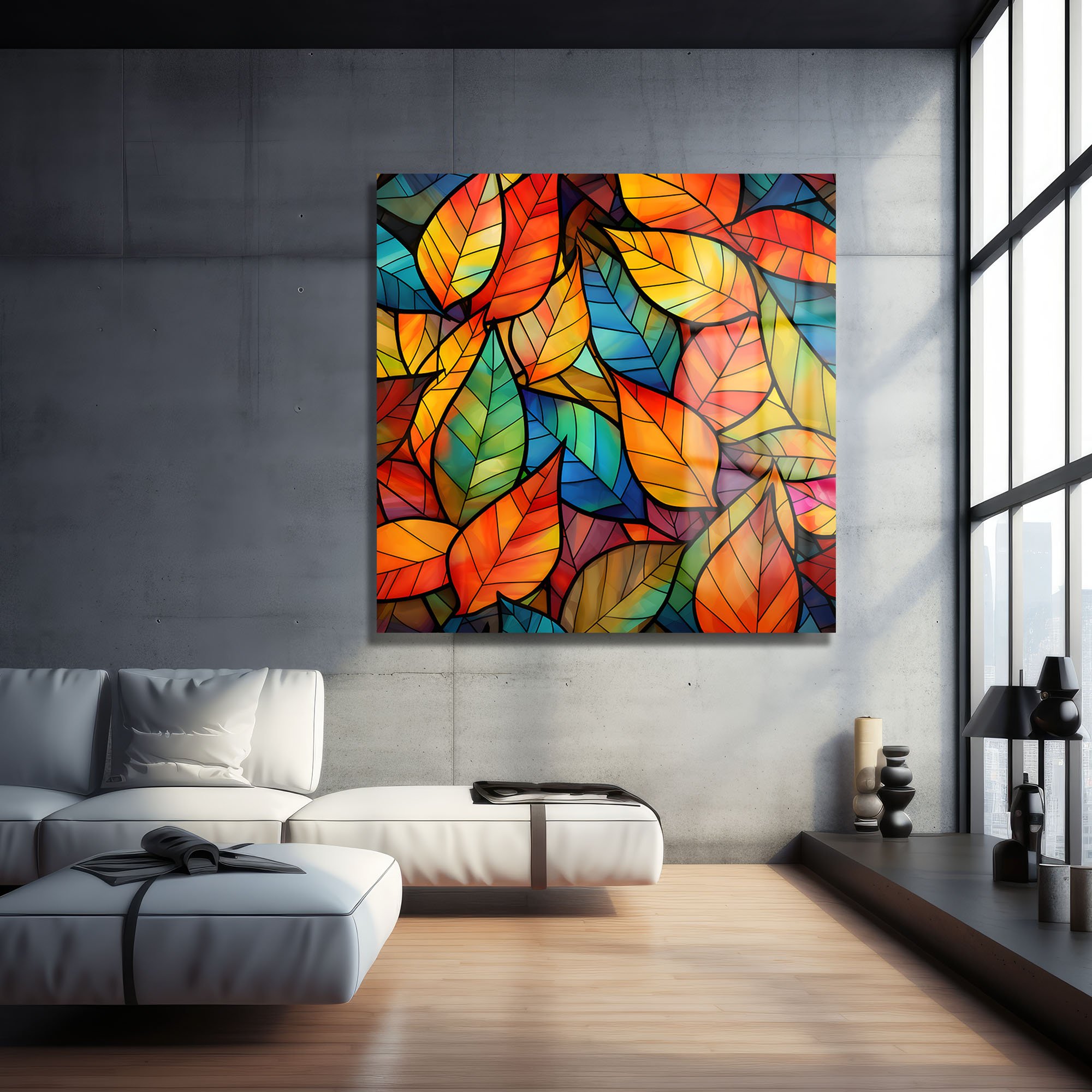 Sonbahar Rüyası: Renkli Yapraklar Stained Glass Cam Tablo Duvar Dekoru cam tablo, duvar sanatı, modern dekorasyon, soyut sanat, cam sanat eserleri, iç mekan dekorasyonu, ofis dekorasyonu, ev dekorasyonu, restoran dekorasyonu, cafe dekorasyonu, cam baskı, UV baskı, estetik duvar sanatı