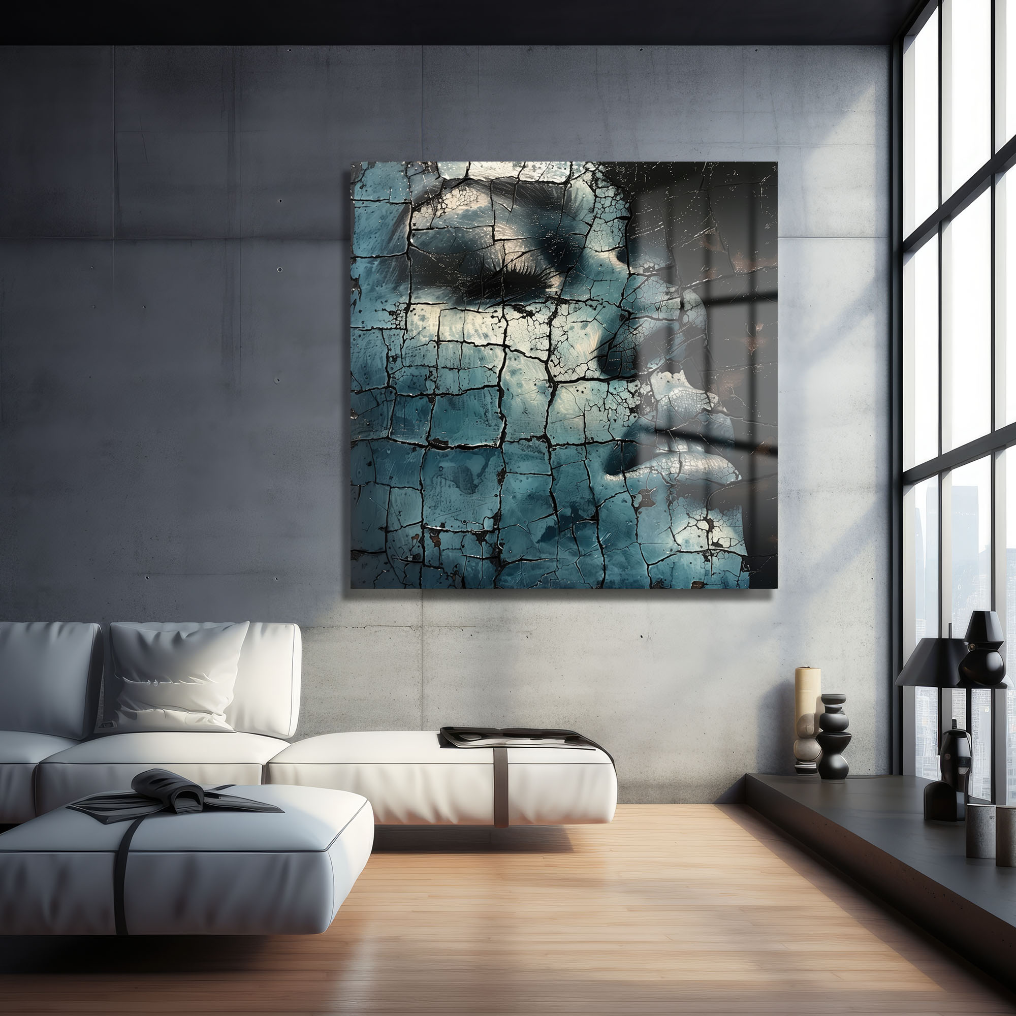 Çatlak Yüzeylerin Gizemi: Modern Mavi Soyut Cam Tablo Duvar Dekoru cam tablo, duvar sanatı, modern dekorasyon, soyut sanat, cam sanat eserleri, iç mekan dekorasyonu, ofis dekorasyonu, ev dekorasyonu, restoran dekorasyonu, cafe dekorasyonu, cam baskı, UV baskı, estetik duvar sanatı