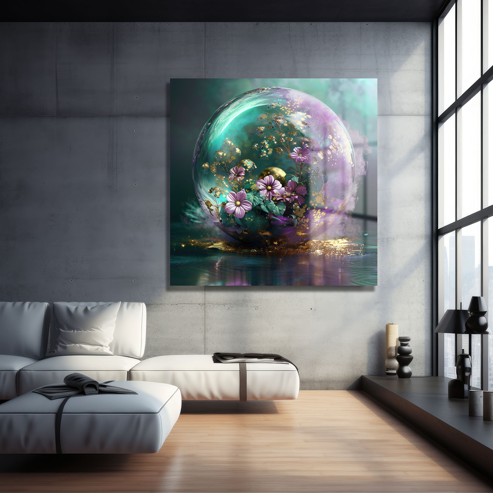 Efsunlu Küre: Teal ve Mor Tonlarında Altın Işıltılı Modern Cam Tablo Duvar Dekoru cam tablo, duvar sanatı, modern dekorasyon, soyut sanat, cam sanat eserleri, iç mekan dekorasyonu, ofis dekorasyonu, ev dekorasyonu, restoran dekorasyonu, cafe dekorasyonu, cam baskı, UV baskı, estetik duvar sanatı