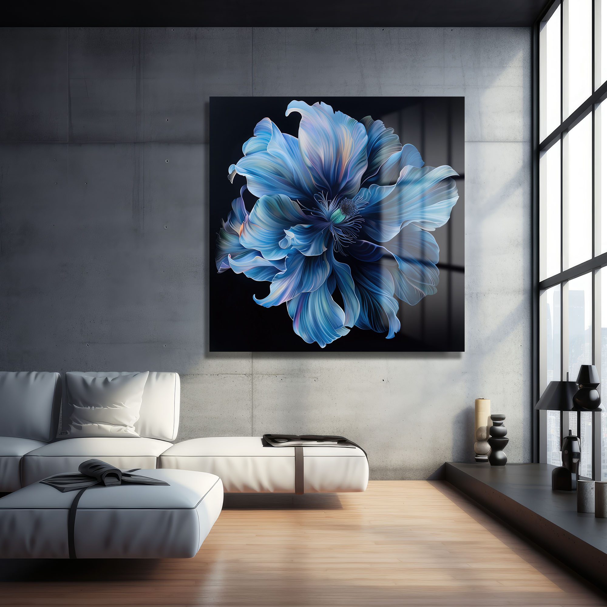 Büyüleyici Mavi Çiçek: Modern Sanat Temperli Cam Tablo Duvar Dekoru cam tablo, duvar sanatı, modern dekorasyon, soyut sanat, cam sanat eserleri, iç mekan dekorasyonu, ofis dekorasyonu, ev dekorasyonu, restoran dekorasyonu, cafe dekorasyonu, cam baskı, UV baskı, estetik duvar sanatı
