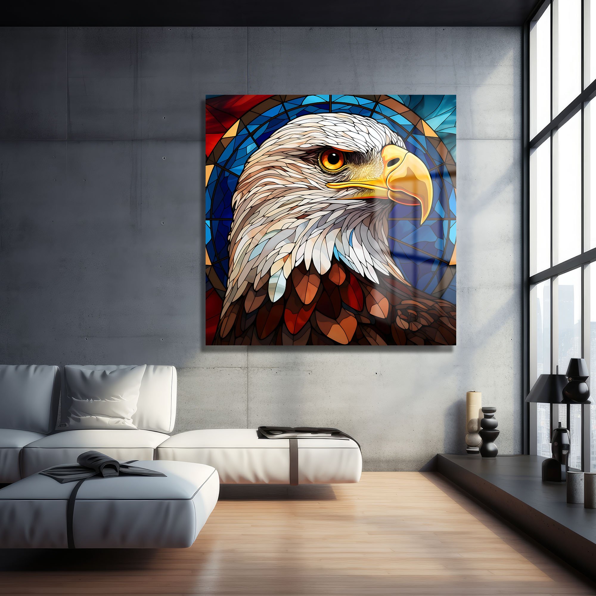 Vitray Kartal: Gücün ve Asaletin Modern Cam Tablosu Duvar Dekoru cam tablo, duvar sanatı, modern dekorasyon, soyut sanat, cam sanat eserleri, iç mekan dekorasyonu, ofis dekorasyonu, ev dekorasyonu, restoran dekorasyonu, cafe dekorasyonu, cam baskı, UV baskı, estetik duvar sanatı