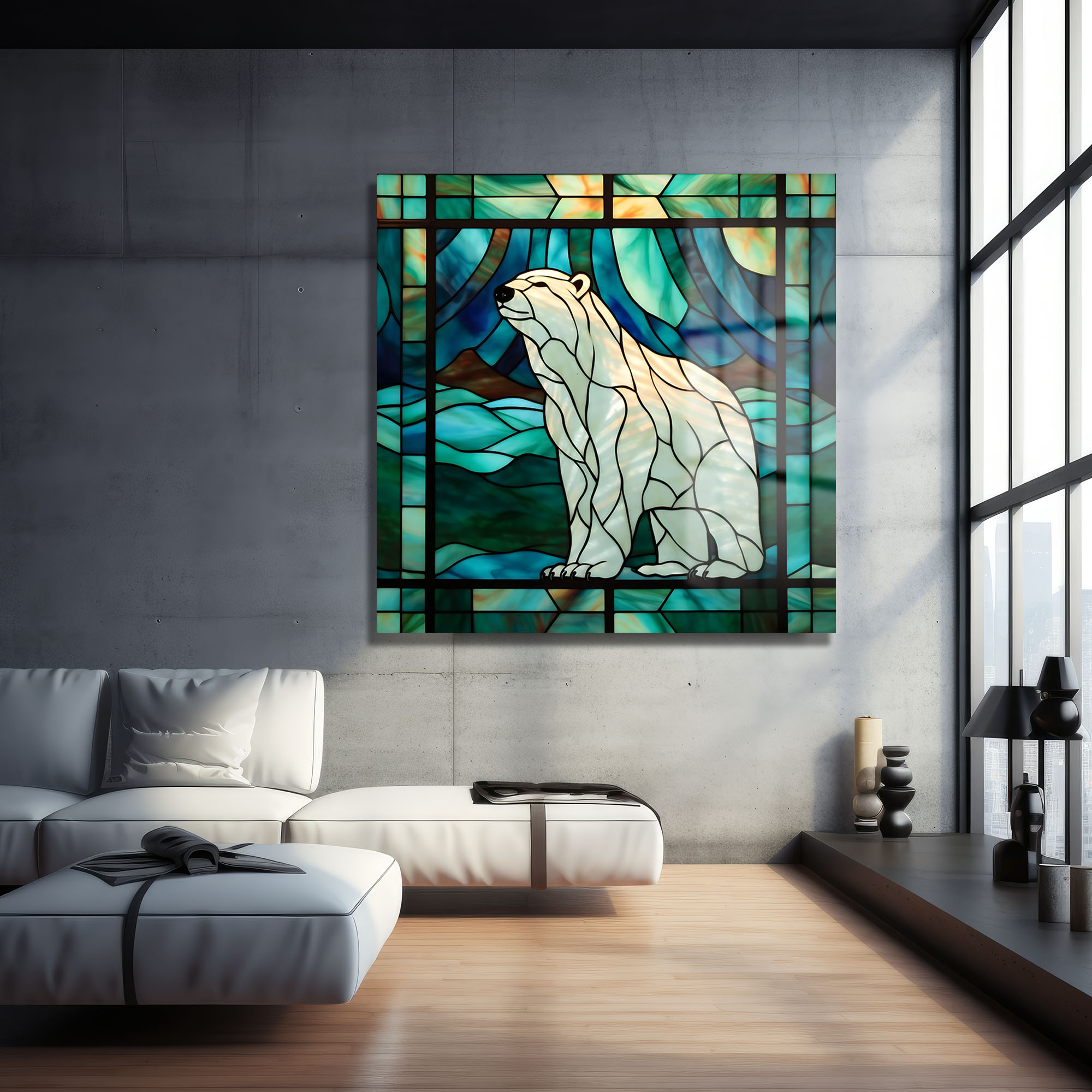 Buzların Hükümdarı: Stained Glass Kutup Ayısı Temperli Cam Tablo Duvar Dekoru cam tablo, duvar sanatı, modern dekorasyon, soyut sanat, cam sanat eserleri, iç mekan dekorasyonu, ofis dekorasyonu, ev dekorasyonu, restoran dekorasyonu, cafe dekorasyonu, cam baskı, UV baskı, estetik duvar sanatı