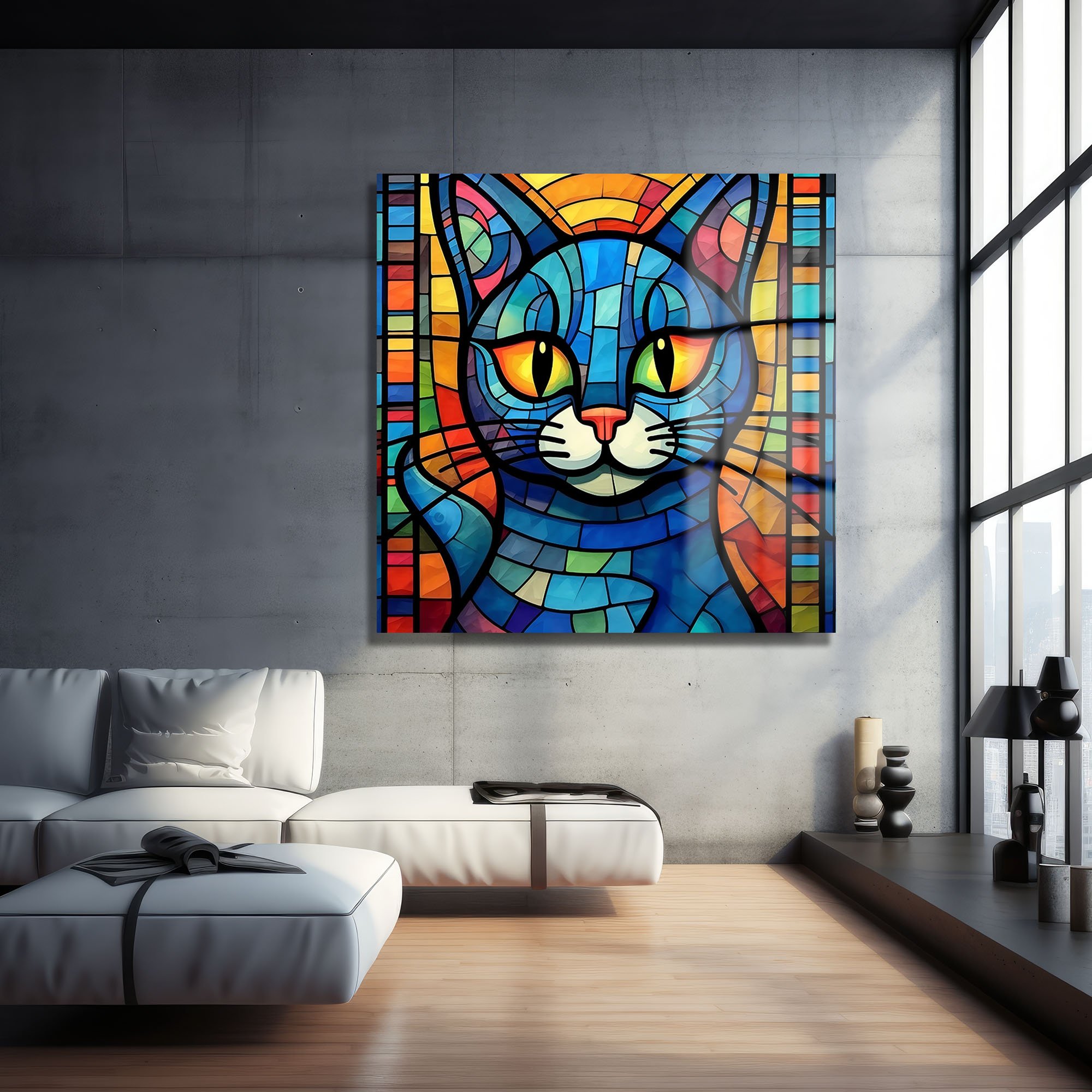 Renkli Vitray Kedi: Modern Sanat Temalı Dekoratif Cam Tablo Duvar Dekoru cam tablo, duvar sanatı, modern dekorasyon, soyut sanat, cam sanat eserleri, iç mekan dekorasyonu, ofis dekorasyonu, ev dekorasyonu, restoran dekorasyonu, cafe dekorasyonu, cam baskı, UV baskı, estetik duvar sanatı