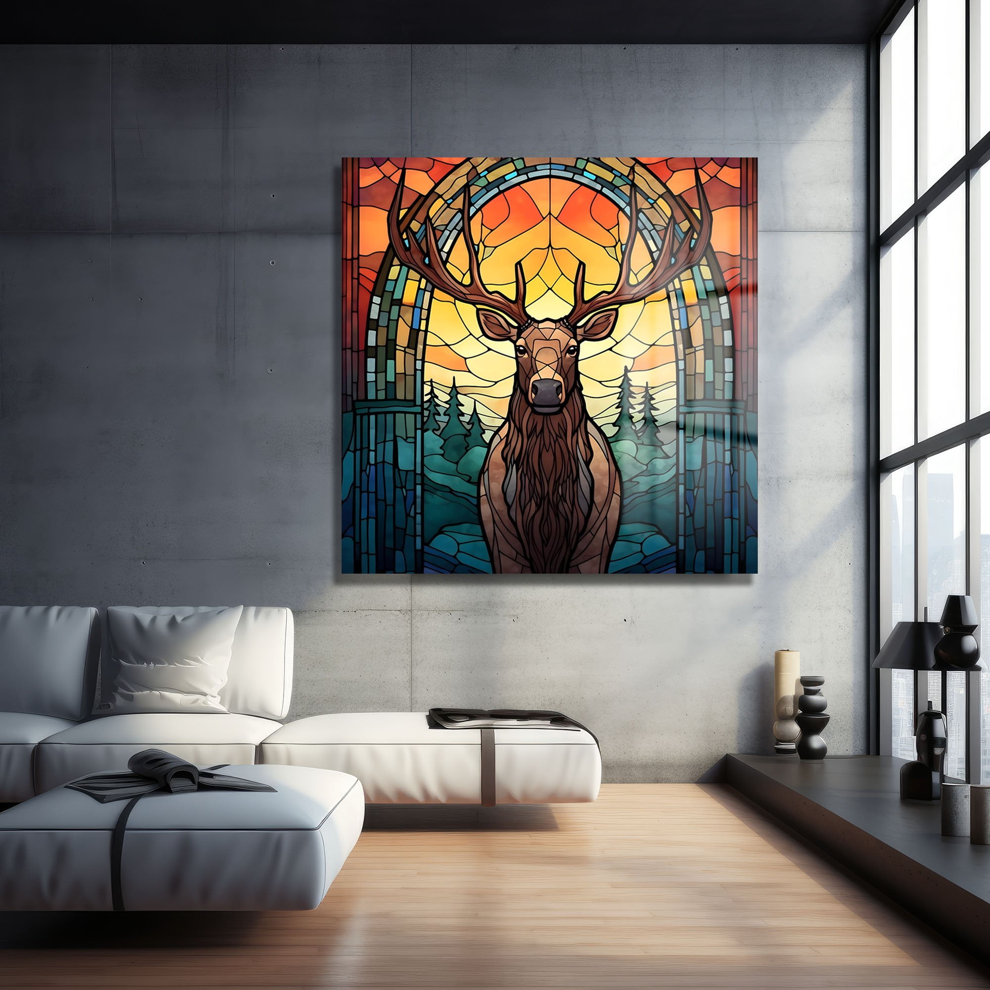 Vitray Geyik Ruhu: Gün Batımı Ormanı Dekoratif Cam Tablo Duvar Dekoru cam tablo, duvar sanatı, modern dekorasyon, soyut sanat, cam sanat eserleri, iç mekan dekorasyonu, ofis dekorasyonu, ev dekorasyonu, restoran dekorasyonu, cafe dekorasyonu, cam baskı, UV baskı, estetik duvar sanatı