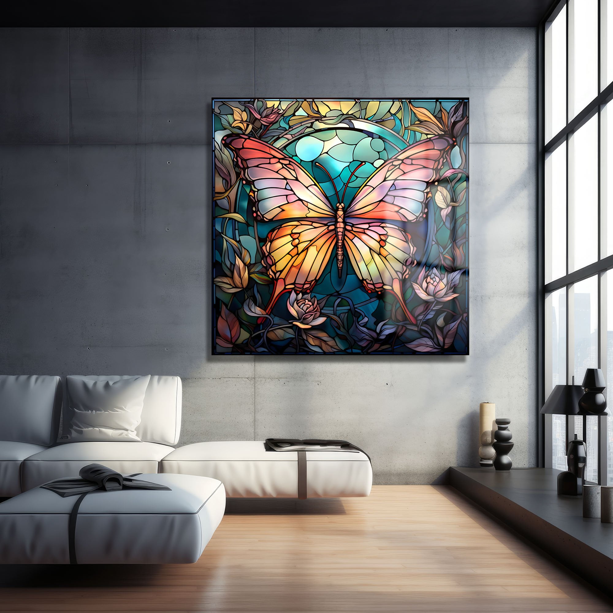 Vitray Kelebek Dansı: Canlı Renklerde Sanatsal Cam Tablo Duvar Dekoru cam tablo, duvar sanatı, modern dekorasyon, soyut sanat, cam sanat eserleri, iç mekan dekorasyonu, ofis dekorasyonu, ev dekorasyonu, restoran dekorasyonu, cafe dekorasyonu, cam baskı, UV baskı, estetik duvar sanatı