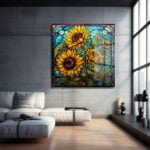 Ayçiçeği Işıltısı: Vitray Sanatlı Temperli Cam Tablo Duvar Dekoru cam tablo, duvar sanatı, modern dekorasyon, soyut sanat, cam sanat eserleri, iç mekan dekorasyonu, ofis dekorasyonu, ev dekorasyonu, restoran dekorasyonu, cafe dekorasyonu, cam baskı, UV baskı, estetik duvar sanatı