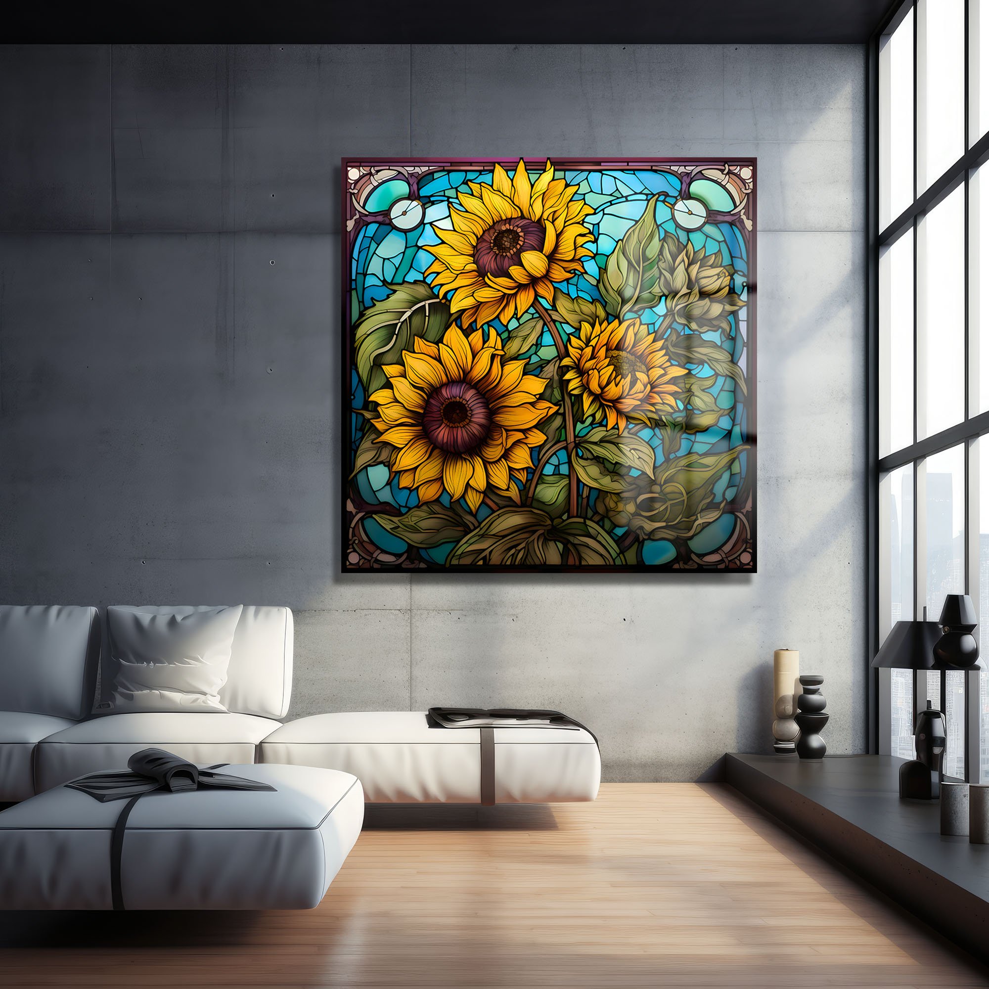 Ayçiçeği Işıltısı: Vitray Sanatlı Temperli Cam Tablo Duvar Dekoru cam tablo, duvar sanatı, modern dekorasyon, soyut sanat, cam sanat eserleri, iç mekan dekorasyonu, ofis dekorasyonu, ev dekorasyonu, restoran dekorasyonu, cafe dekorasyonu, cam baskı, UV baskı, estetik duvar sanatı