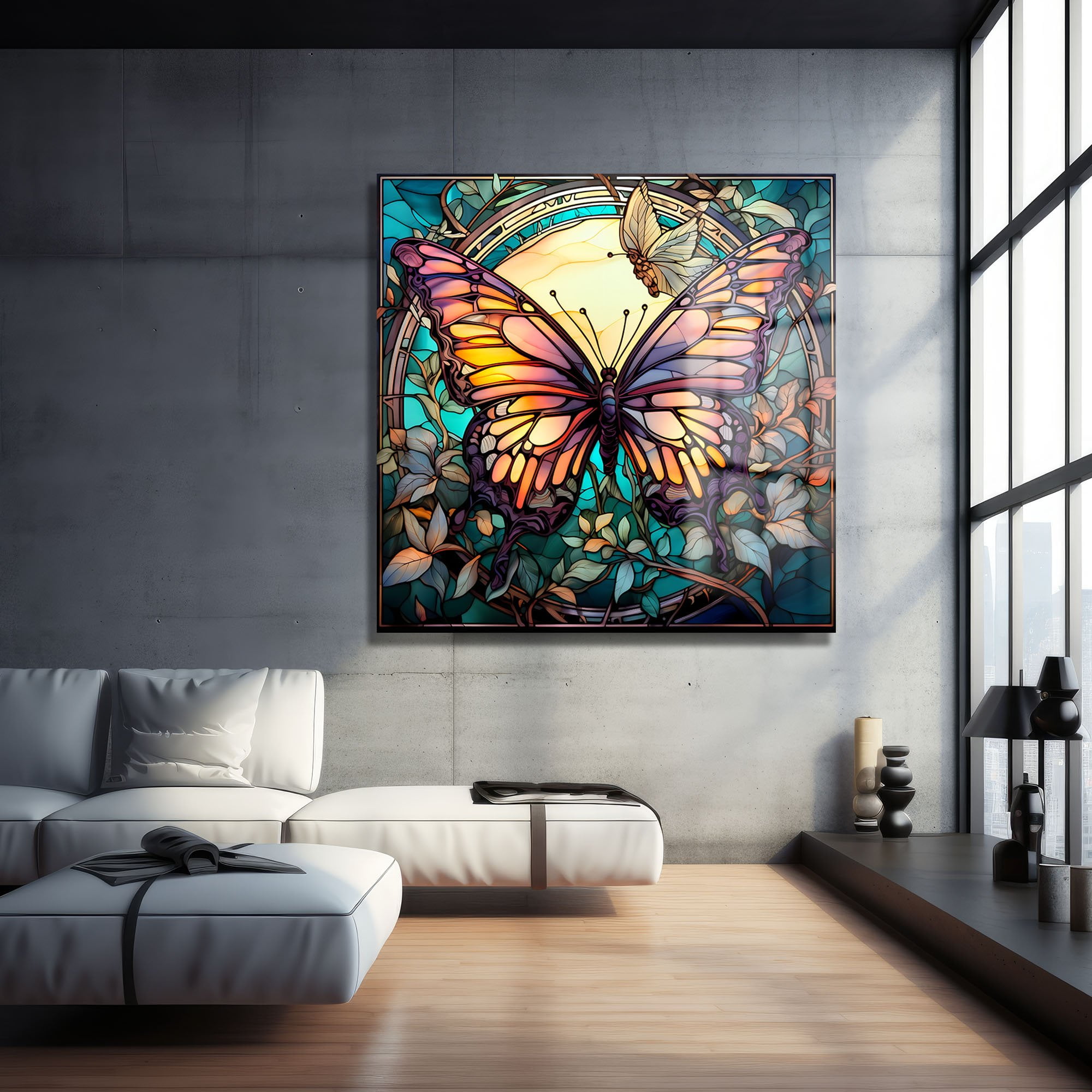 Vitray Kelebek Dansı: Canlı Renklerle Temperli Cam Tablo Duvar Dekoru cam tablo, duvar sanatı, modern dekorasyon, soyut sanat, cam sanat eserleri, iç mekan dekorasyonu, ofis dekorasyonu, ev dekorasyonu, restoran dekorasyonu, cafe dekorasyonu, cam baskı, UV baskı, estetik duvar sanatı