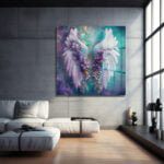 Ethereal Kanatlar ve Mor Çiçekler: Sanatsal Temperli Cam Tablo Duvar Dekoru cam tablo, duvar sanatı, modern dekorasyon, soyut sanat, cam sanat eserleri, iç mekan dekorasyonu, ofis dekorasyonu, ev dekorasyonu, restoran dekorasyonu, cafe dekorasyonu, cam baskı, UV baskı, estetik duvar sanatı