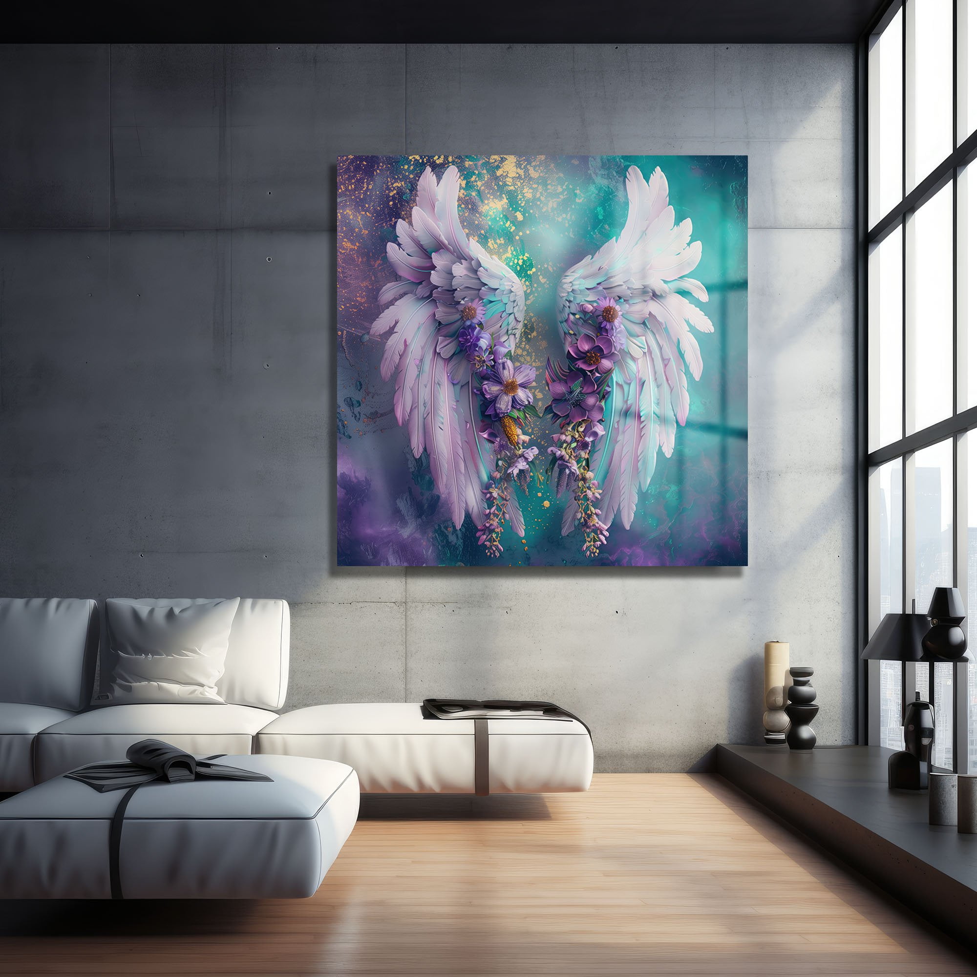 Ethereal Kanatlar ve Mor Çiçekler: Sanatsal Temperli Cam Tablo Duvar Dekoru cam tablo, duvar sanatı, modern dekorasyon, soyut sanat, cam sanat eserleri, iç mekan dekorasyonu, ofis dekorasyonu, ev dekorasyonu, restoran dekorasyonu, cafe dekorasyonu, cam baskı, UV baskı, estetik duvar sanatı