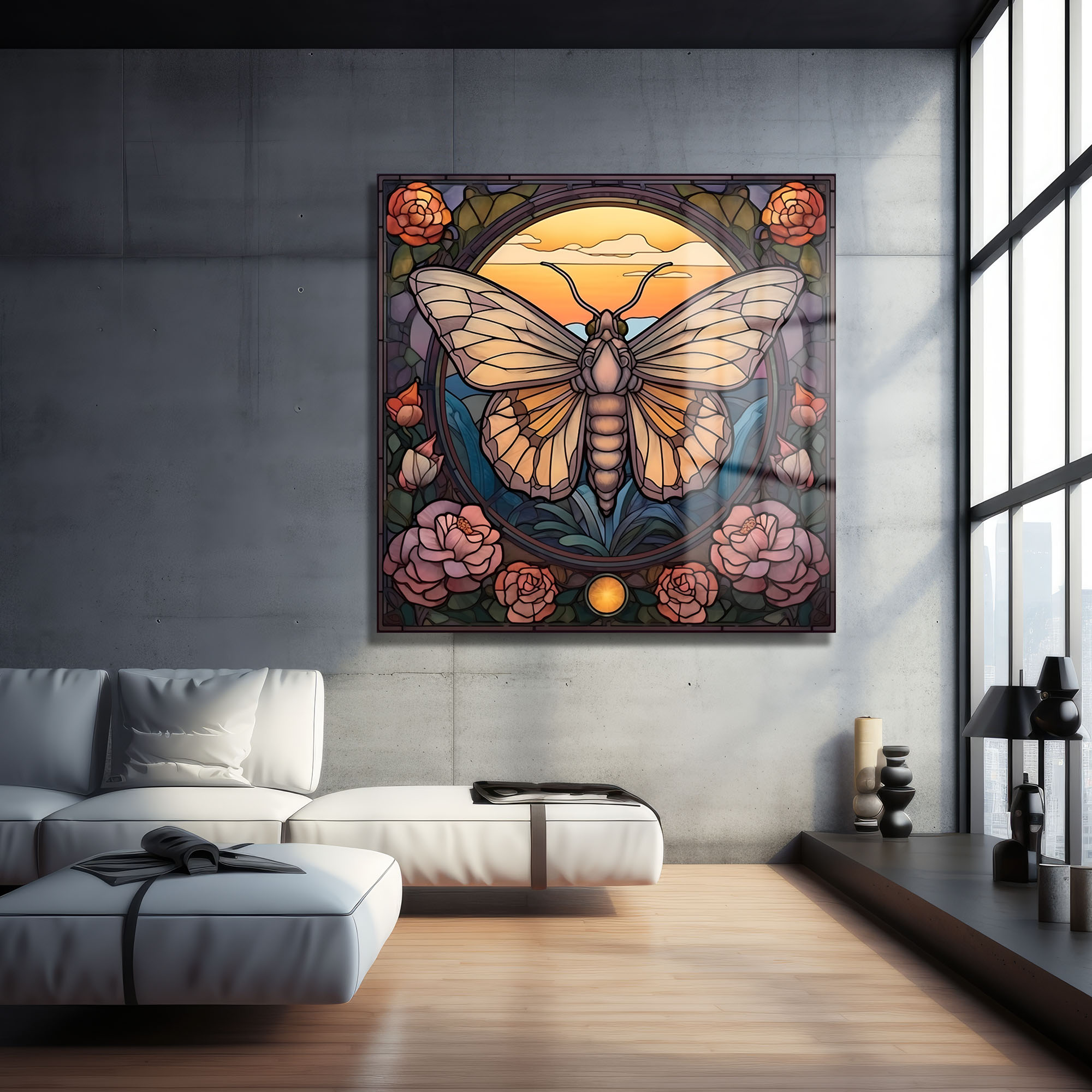 Gün Batımı Kelebeği: Vitray Sanatı Temperli Cam Tablo Duvar Dekoru cam tablo, duvar sanatı, modern dekorasyon, soyut sanat, cam sanat eserleri, iç mekan dekorasyonu, ofis dekorasyonu, ev dekorasyonu, restoran dekorasyonu, cafe dekorasyonu, cam baskı, UV baskı, estetik duvar sanatı