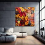 Sonbahar Vitrayı: Canlı Yaprak Desenli Temperli Cam Tablo Duvar Dekoru cam tablo, duvar sanatı, modern dekorasyon, soyut sanat, cam sanat eserleri, iç mekan dekorasyonu, ofis dekorasyonu, ev dekorasyonu, restoran dekorasyonu, cafe dekorasyonu, cam baskı, UV baskı, estetik duvar sanatı