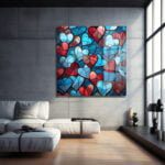 Aşkın Vitray Dansı: Kırmızı ve Mavi Kalpler Temalı Modern Cam Tablo Duvar Dekoru cam tablo, duvar sanatı, modern dekorasyon, soyut sanat, cam sanat eserleri, iç mekan dekorasyonu, ofis dekorasyonu, ev dekorasyonu, restoran dekorasyonu, cafe dekorasyonu, cam baskı, UV baskı, estetik duvar sanatı