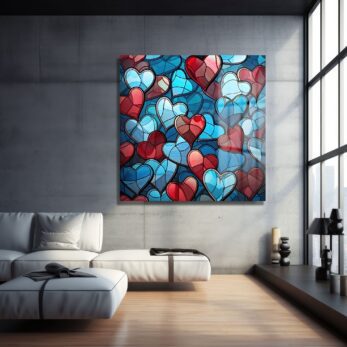 Aşkın Vitray Dansı: Kırmızı ve Mavi Kalpler Temalı Modern Cam Tablo - Glazella