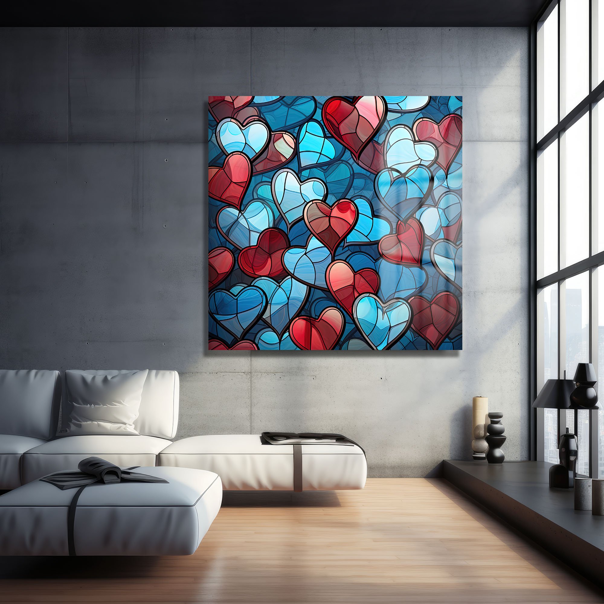 Aşkın Vitray Dansı: Kırmızı ve Mavi Kalpler Temalı Modern Cam Tablo Duvar Dekoru cam tablo, duvar sanatı, modern dekorasyon, soyut sanat, cam sanat eserleri, iç mekan dekorasyonu, ofis dekorasyonu, ev dekorasyonu, restoran dekorasyonu, cafe dekorasyonu, cam baskı, UV baskı, estetik duvar sanatı