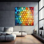 Gökkuşağı Petekleri: Modern Geometrik Temperli Cam Tablo Duvar Dekoru cam tablo, duvar sanatı, modern dekorasyon, soyut sanat, cam sanat eserleri, iç mekan dekorasyonu, ofis dekorasyonu, ev dekorasyonu, restoran dekorasyonu, cafe dekorasyonu, cam baskı, UV baskı, estetik duvar sanatı