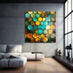 Enerjik Altın ve Turkuaz Petekler: Modern Geometrik Cam Tablo Duvar Dekoru cam tablo, duvar sanatı, modern dekorasyon, soyut sanat, cam sanat eserleri, iç mekan dekorasyonu, ofis dekorasyonu, ev dekorasyonu, restoran dekorasyonu, cafe dekorasyonu, cam baskı, UV baskı, estetik duvar sanatı
