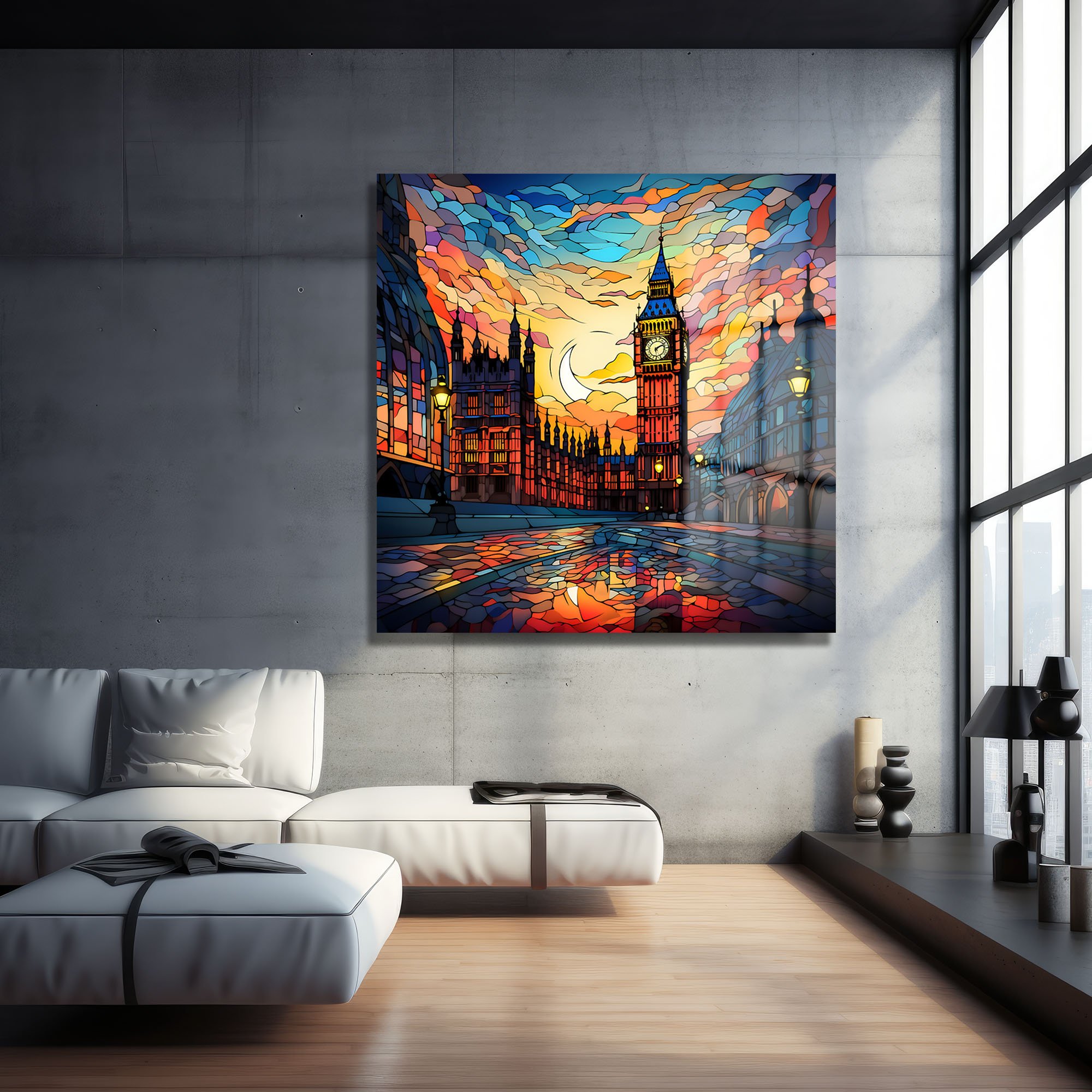 Big Ben Büyüsü: Gün Batımı Vitray Sanatı Cam Tablo Duvar Dekoru cam tablo, duvar sanatı, modern dekorasyon, soyut sanat, cam sanat eserleri, iç mekan dekorasyonu, ofis dekorasyonu, ev dekorasyonu, restoran dekorasyonu, cafe dekorasyonu, cam baskı, UV baskı, estetik duvar sanatı