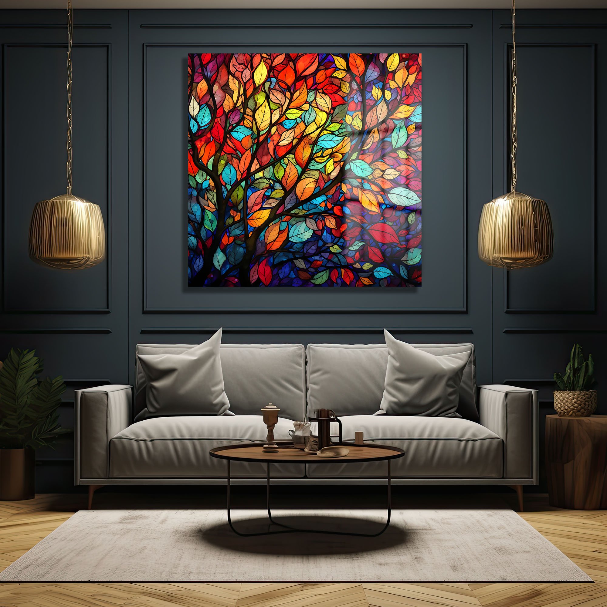 Vitray Yapraklar: Renkli Ağaç Temalı Modern Temperli Cam Tablo Duvar Dekoru cam tablo, duvar sanatı, modern dekorasyon, soyut sanat, cam sanat eserleri, iç mekan dekorasyonu, ofis dekorasyonu, ev dekorasyonu, restoran dekorasyonu, cafe dekorasyonu, cam baskı, UV baskı, estetik duvar sanatı