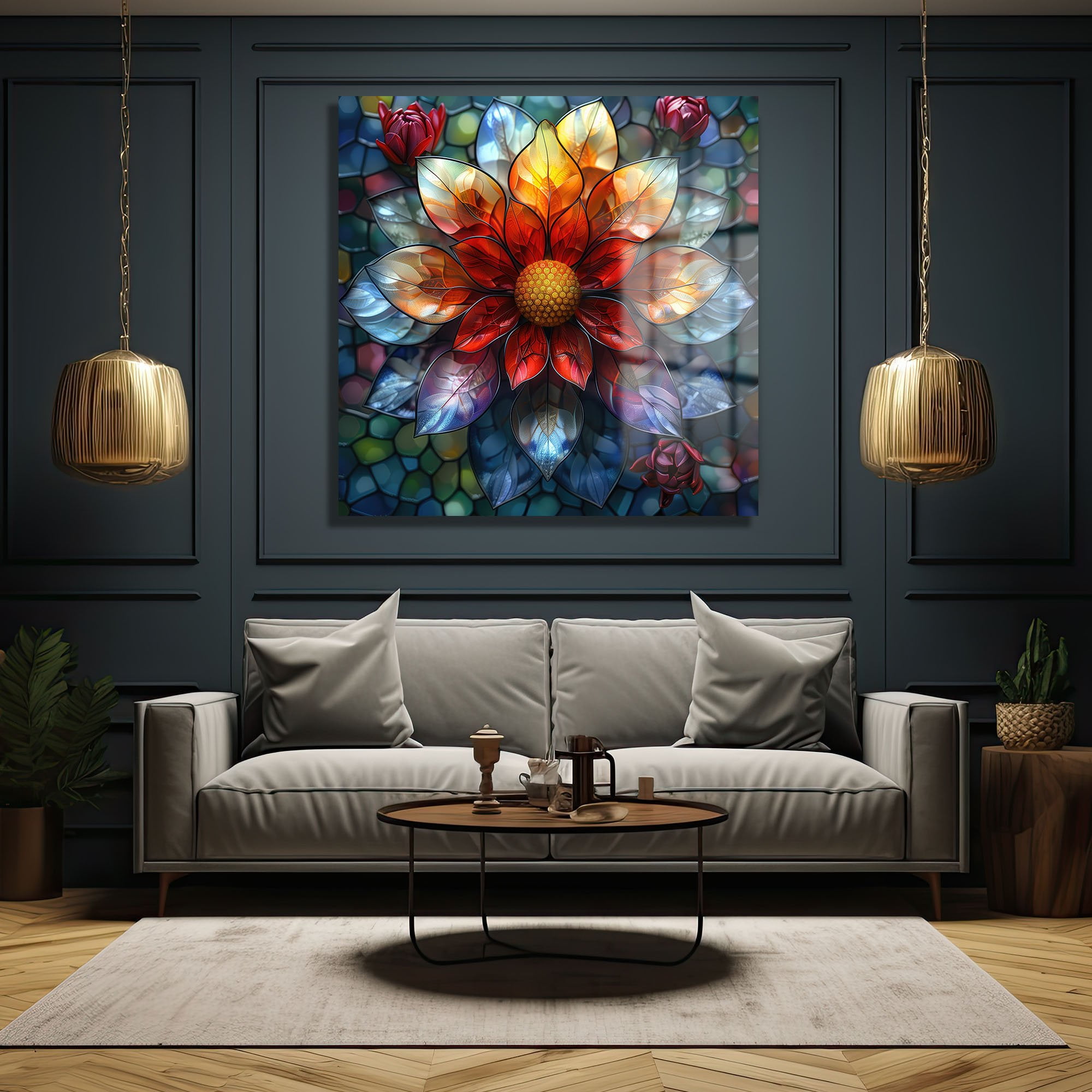 Vitray Çiçeklerin Rüyası: Modern Temperli Cam Tablo Duvar Dekoru cam tablo, duvar sanatı, modern dekorasyon, soyut sanat, cam sanat eserleri, iç mekan dekorasyonu, ofis dekorasyonu, ev dekorasyonu, restoran dekorasyonu, cafe dekorasyonu, cam baskı, UV baskı, estetik duvar sanatı