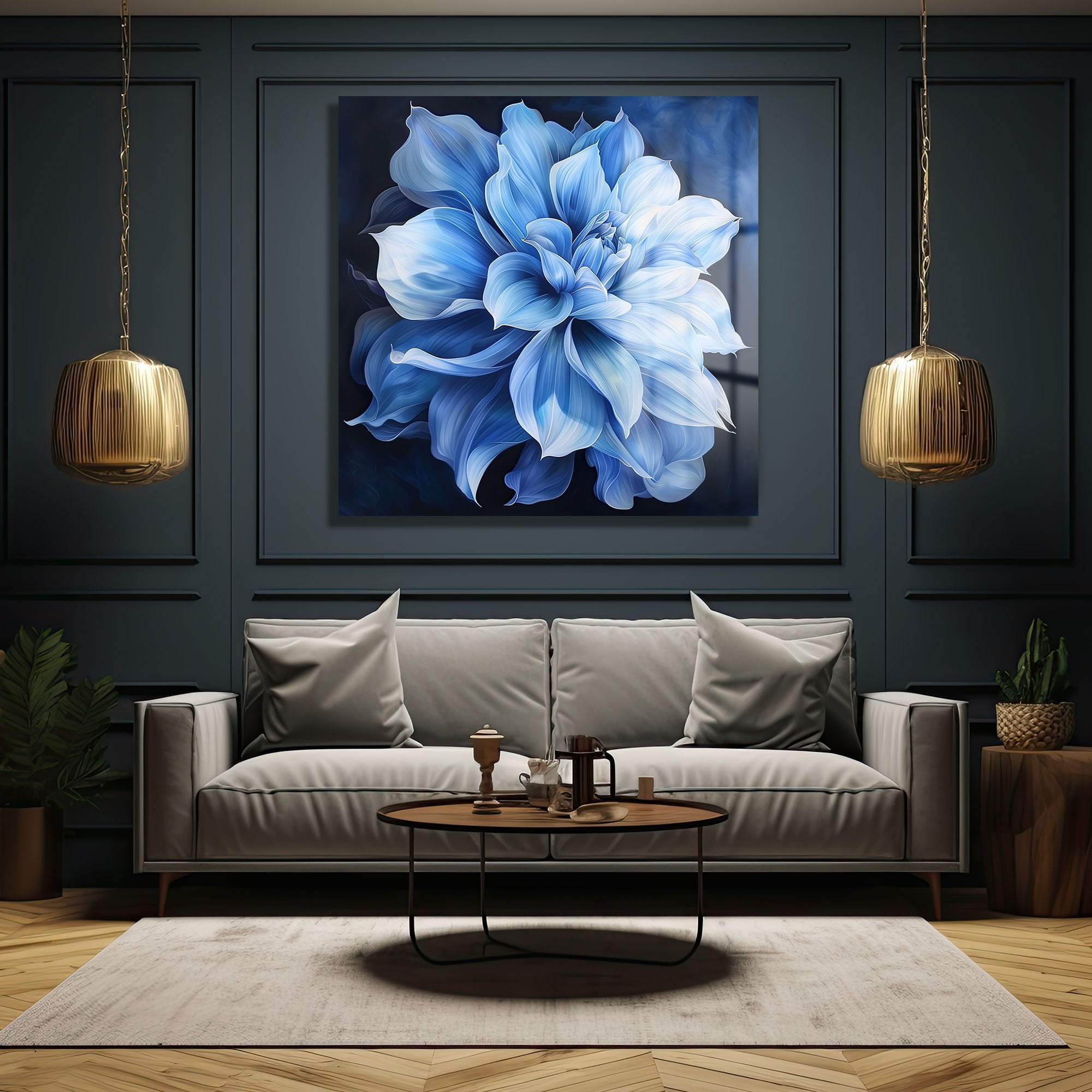 Derin Mavi Çiçek: Modern Sanat Temperli Cam Tablo Duvar Dekoru cam tablo, duvar sanatı, modern dekorasyon, soyut sanat, cam sanat eserleri, iç mekan dekorasyonu, ofis dekorasyonu, ev dekorasyonu, restoran dekorasyonu, cafe dekorasyonu, cam baskı, UV baskı, estetik duvar sanatı