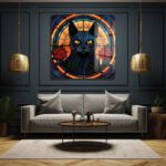 Gizemli Vitray Kara Kedi ve Kırmızı Güller Temperli Cam Tablo Duvar Dekoru cam tablo, duvar sanatı, modern dekorasyon, soyut sanat, cam sanat eserleri, iç mekan dekorasyonu, ofis dekorasyonu, ev dekorasyonu, restoran dekorasyonu, cafe dekorasyonu, cam baskı, UV baskı, estetik duvar sanatı