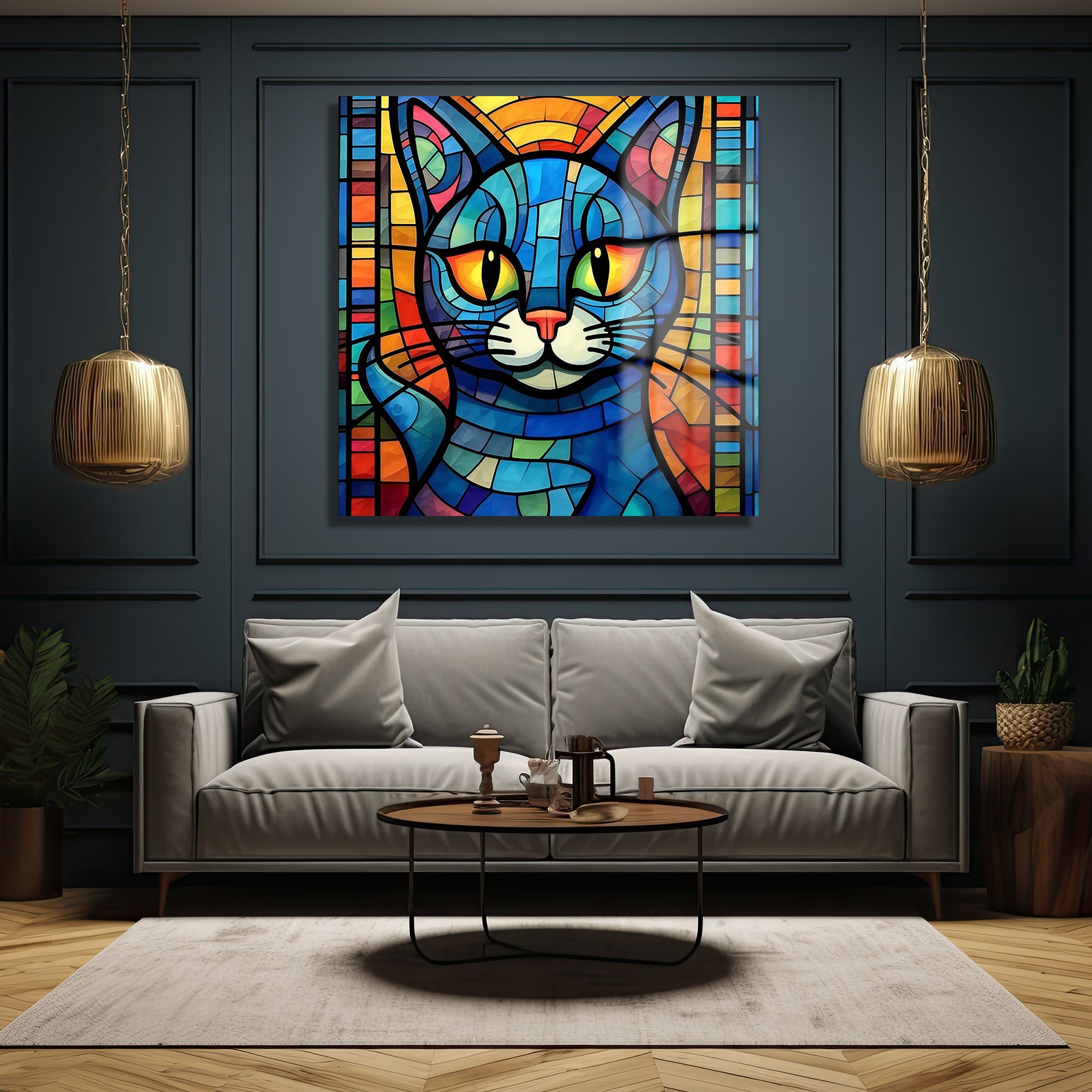 Renkli Vitray Kedi: Modern Sanat Temalı Dekoratif Cam Tablo Duvar Dekoru cam tablo, duvar sanatı, modern dekorasyon, soyut sanat, cam sanat eserleri, iç mekan dekorasyonu, ofis dekorasyonu, ev dekorasyonu, restoran dekorasyonu, cafe dekorasyonu, cam baskı, UV baskı, estetik duvar sanatı