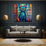 Gizemli Vitray Kedi: Sanatsal Temperli Cam Tablo Duvar Dekoru cam tablo, duvar sanatı, modern dekorasyon, soyut sanat, cam sanat eserleri, iç mekan dekorasyonu, ofis dekorasyonu, ev dekorasyonu, restoran dekorasyonu, cafe dekorasyonu, cam baskı, UV baskı, estetik duvar sanatı