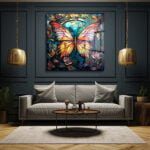 Vitray Kelebek Dansı: Canlı Renklerde Sanatsal Cam Tablo Duvar Dekoru cam tablo, duvar sanatı, modern dekorasyon, soyut sanat, cam sanat eserleri, iç mekan dekorasyonu, ofis dekorasyonu, ev dekorasyonu, restoran dekorasyonu, cafe dekorasyonu, cam baskı, UV baskı, estetik duvar sanatı