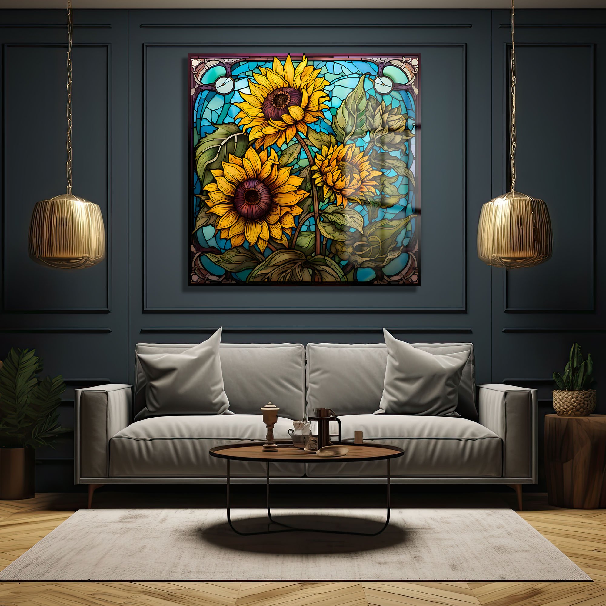 Ayçiçeği Işıltısı: Vitray Sanatlı Temperli Cam Tablo Duvar Dekoru cam tablo, duvar sanatı, modern dekorasyon, soyut sanat, cam sanat eserleri, iç mekan dekorasyonu, ofis dekorasyonu, ev dekorasyonu, restoran dekorasyonu, cafe dekorasyonu, cam baskı, UV baskı, estetik duvar sanatı