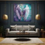 Ethereal Kanatlar ve Mor Çiçekler: Sanatsal Temperli Cam Tablo Duvar Dekoru cam tablo, duvar sanatı, modern dekorasyon, soyut sanat, cam sanat eserleri, iç mekan dekorasyonu, ofis dekorasyonu, ev dekorasyonu, restoran dekorasyonu, cafe dekorasyonu, cam baskı, UV baskı, estetik duvar sanatı