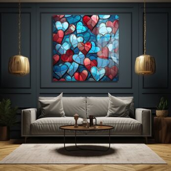 Aşkın Vitray Dansı: Kırmızı ve Mavi Kalpler Temalı Modern Cam Tablo - Glazella