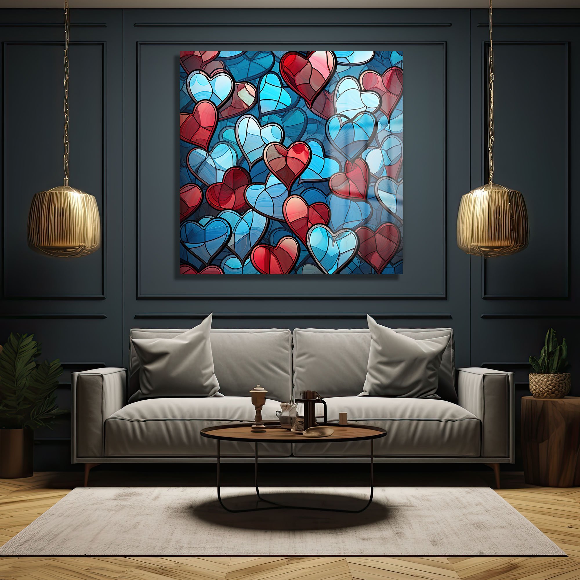 Aşkın Vitray Dansı: Kırmızı ve Mavi Kalpler Temalı Modern Cam Tablo Duvar Dekoru cam tablo, duvar sanatı, modern dekorasyon, soyut sanat, cam sanat eserleri, iç mekan dekorasyonu, ofis dekorasyonu, ev dekorasyonu, restoran dekorasyonu, cafe dekorasyonu, cam baskı, UV baskı, estetik duvar sanatı