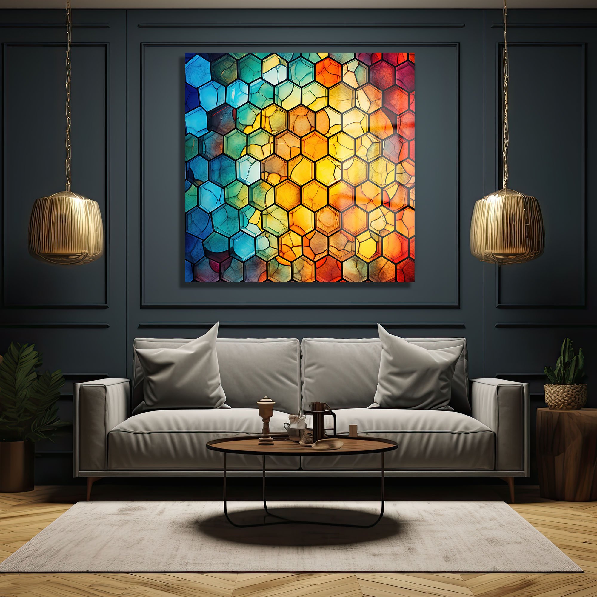 Gökkuşağı Petekleri: Modern Geometrik Temperli Cam Tablo Duvar Dekoru cam tablo, duvar sanatı, modern dekorasyon, soyut sanat, cam sanat eserleri, iç mekan dekorasyonu, ofis dekorasyonu, ev dekorasyonu, restoran dekorasyonu, cafe dekorasyonu, cam baskı, UV baskı, estetik duvar sanatı