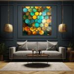 Enerjik Altın ve Turkuaz Petekler: Modern Geometrik Cam Tablo Duvar Dekoru cam tablo, duvar sanatı, modern dekorasyon, soyut sanat, cam sanat eserleri, iç mekan dekorasyonu, ofis dekorasyonu, ev dekorasyonu, restoran dekorasyonu, cafe dekorasyonu, cam baskı, UV baskı, estetik duvar sanatı