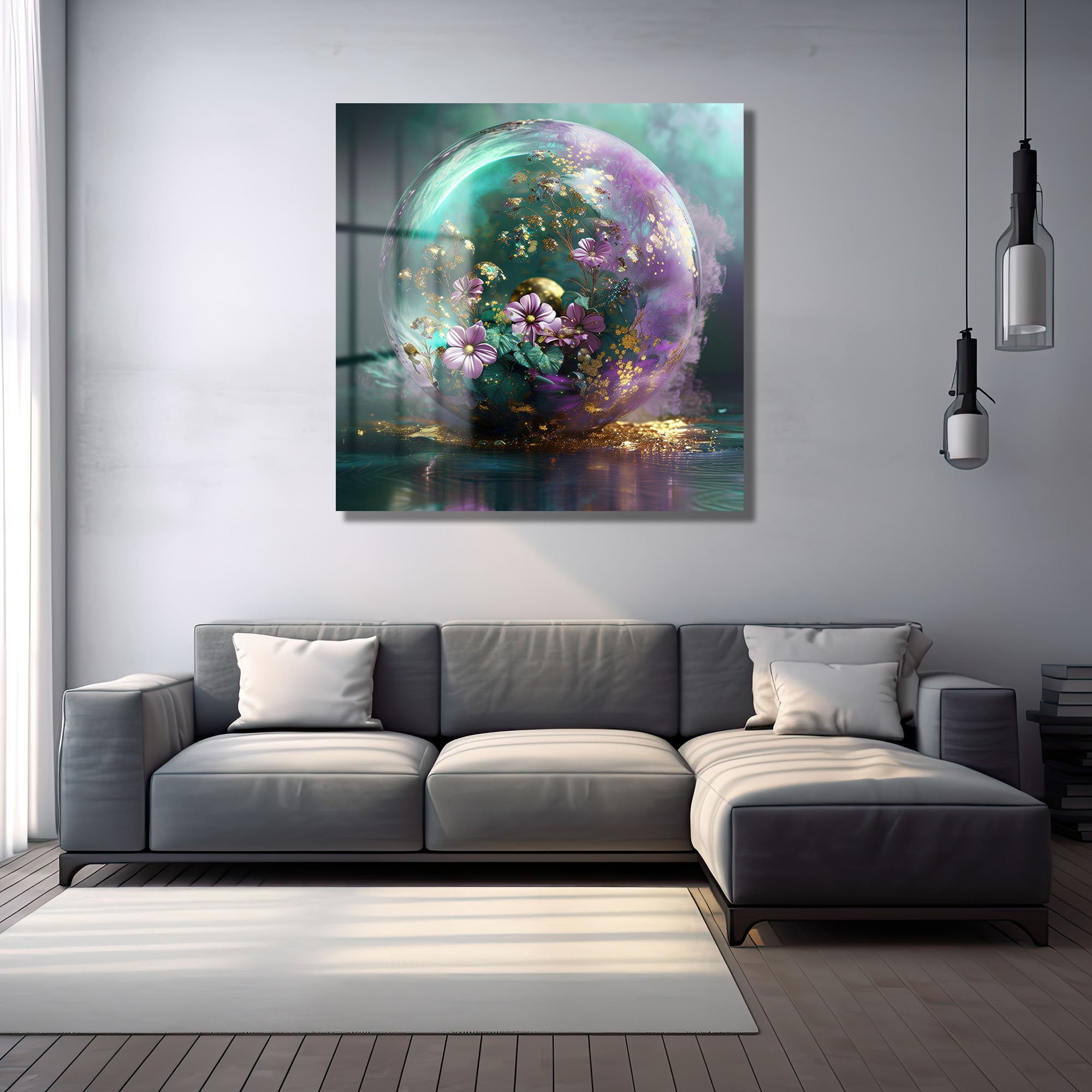 Efsunlu Küre: Teal ve Mor Tonlarında Altın Işıltılı Modern Cam Tablo Duvar Dekoru cam tablo, duvar sanatı, modern dekorasyon, soyut sanat, cam sanat eserleri, iç mekan dekorasyonu, ofis dekorasyonu, ev dekorasyonu, restoran dekorasyonu, cafe dekorasyonu, cam baskı, UV baskı, estetik duvar sanatı
